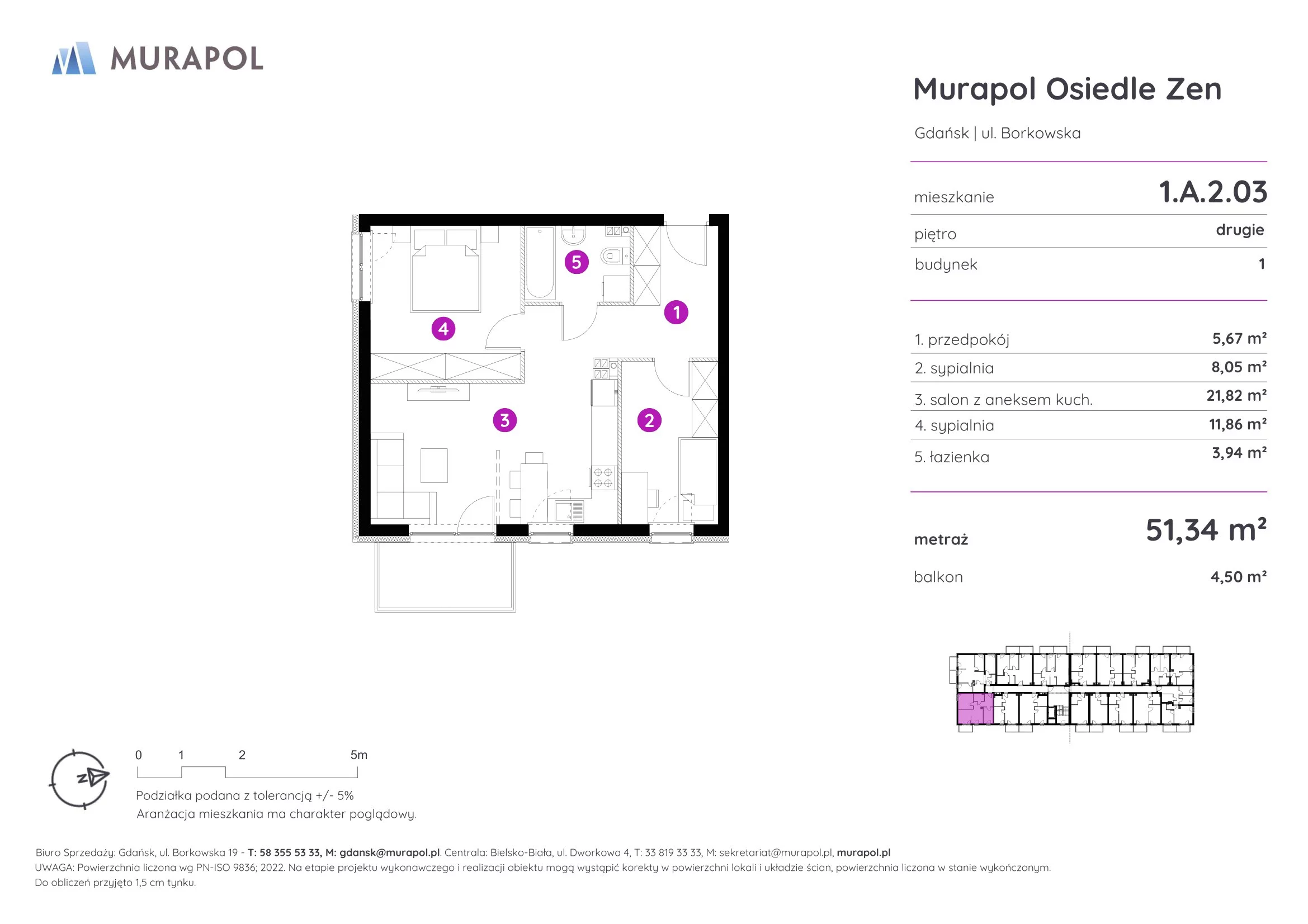 Mieszkanie 51,34 m², piętro 2, oferta nr 1.A.2.03, Murapol Osiedle Zen, Gdańsk, Orunia Górna-Gdańsk Południe, Maćkowy, ul. Borkowska