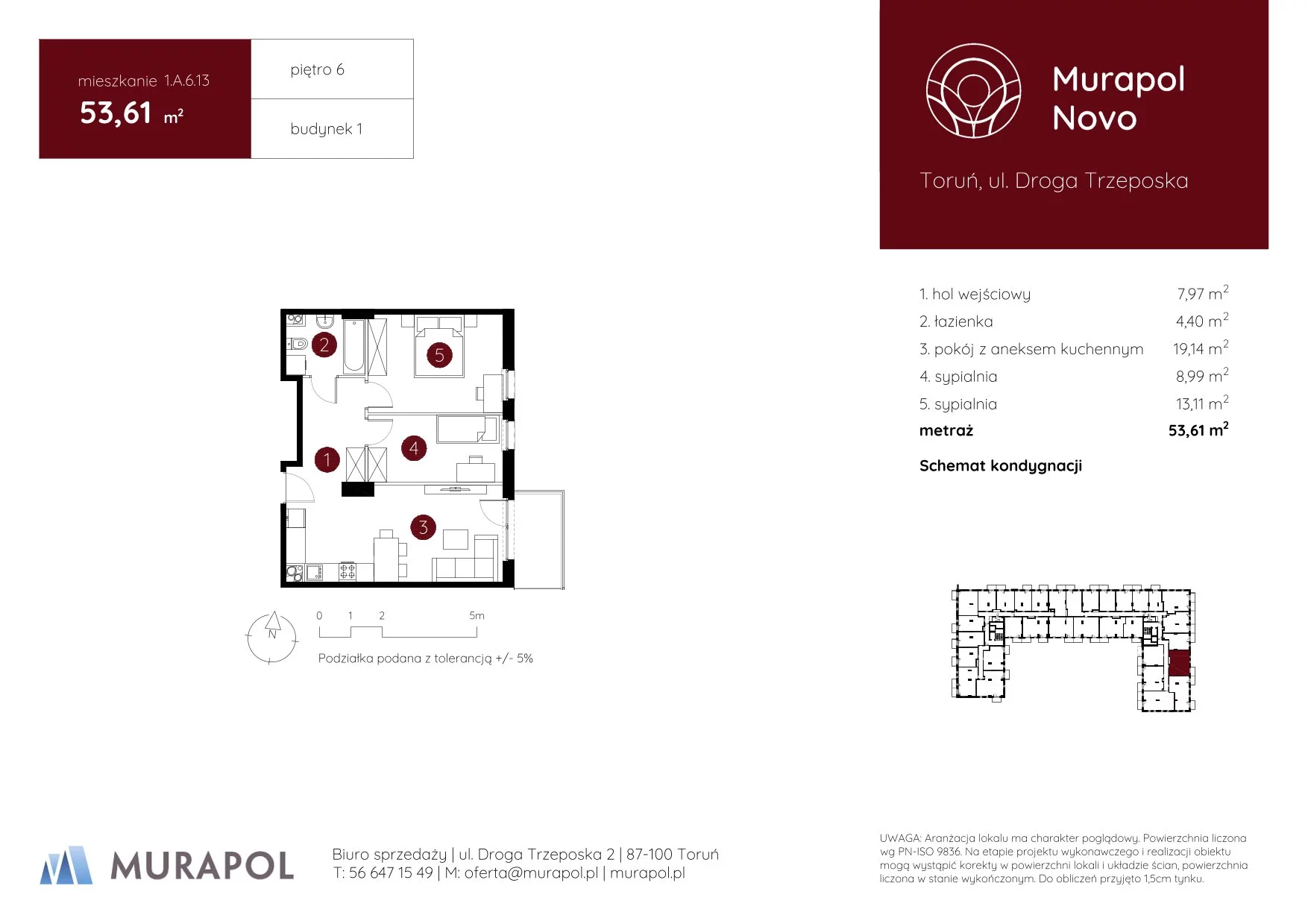 3 pokoje, mieszkanie 53,61 m², piętro 6, oferta nr 1.A.6.13, Murapol Novo, Toruń, Jakubskie Przedmieście, ul. Droga Trzeposka