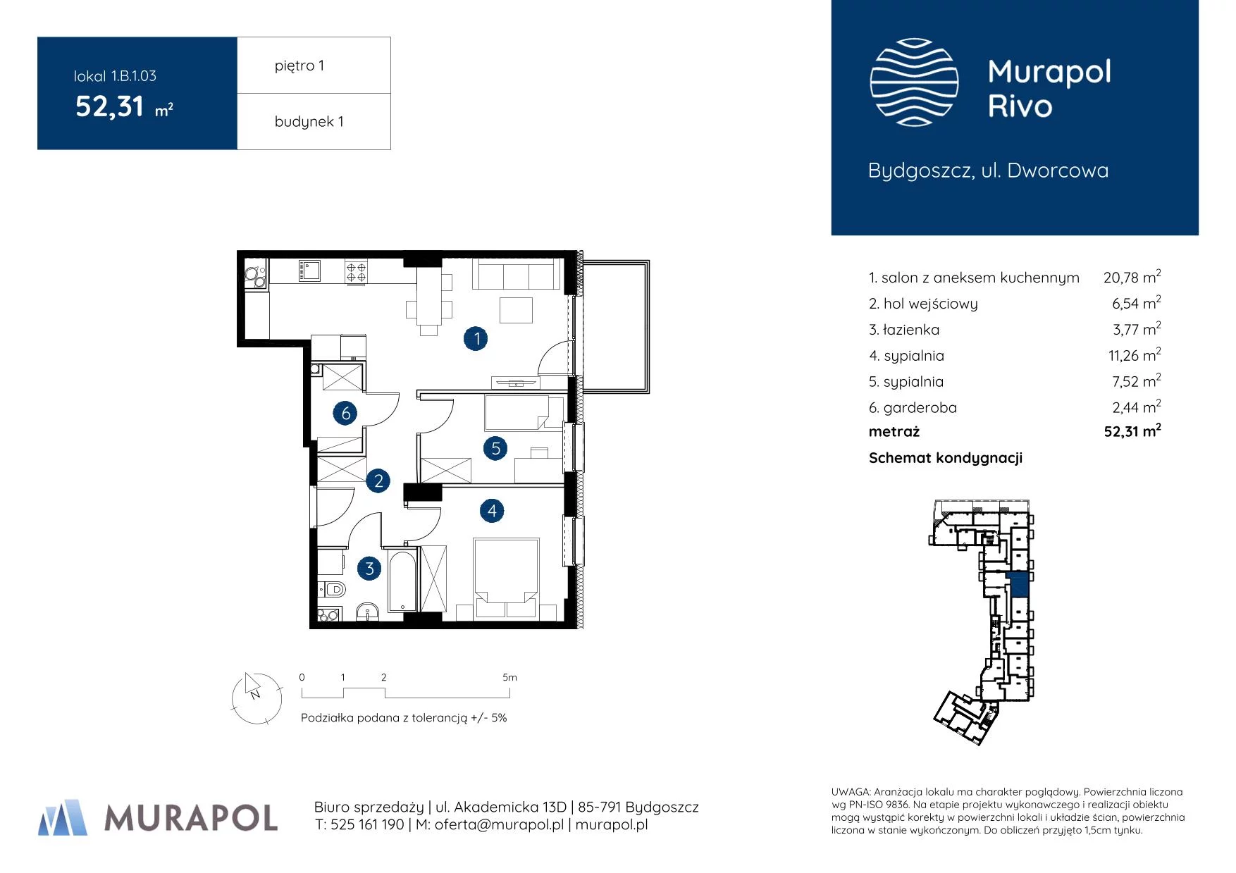 3 pokoje, mieszkanie 52,31 m², piętro 1, oferta nr 1.B.1.03, Murapol Rivo, Bydgoszcz, Śródmieście, ul. Dworcowa