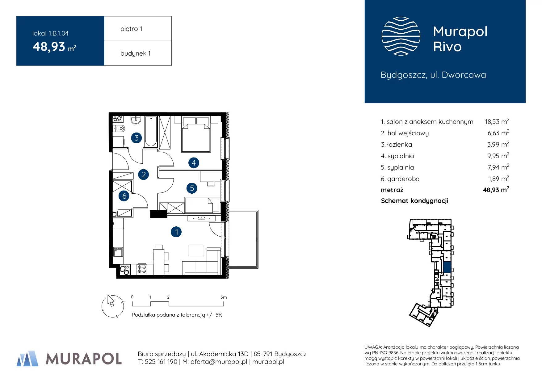 3 pokoje, mieszkanie 48,93 m², piętro 1, oferta nr 1.B.1.04, Murapol Rivo, Bydgoszcz, Śródmieście, ul. Dworcowa