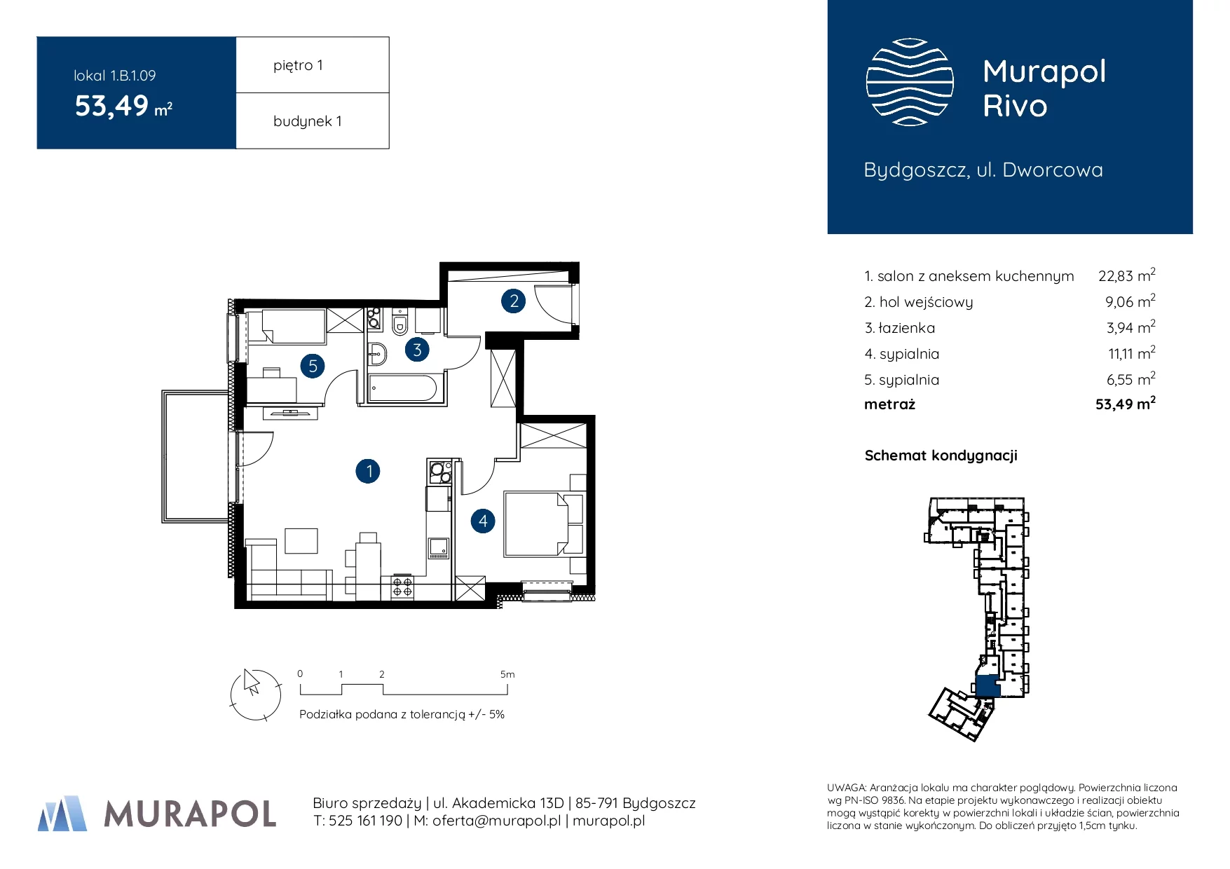 3 pokoje, mieszkanie 53,49 m², piętro 1, oferta nr 1.B.1.09, Murapol Rivo, Bydgoszcz, Śródmieście, ul. Dworcowa