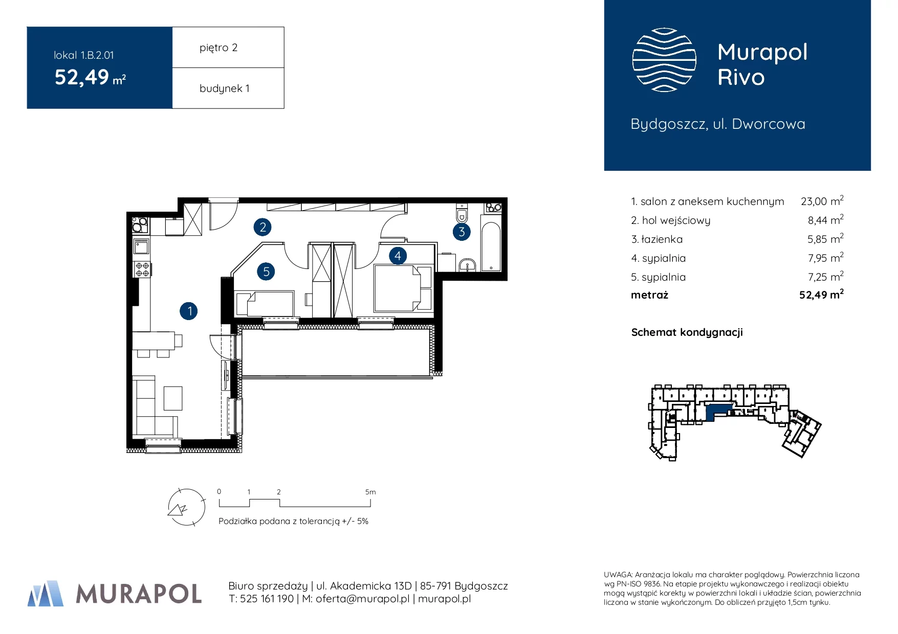 3 pokoje, mieszkanie 52,49 m², piętro 2, oferta nr 1.B.2.01, Murapol Rivo, Bydgoszcz, Śródmieście, ul. Dworcowa