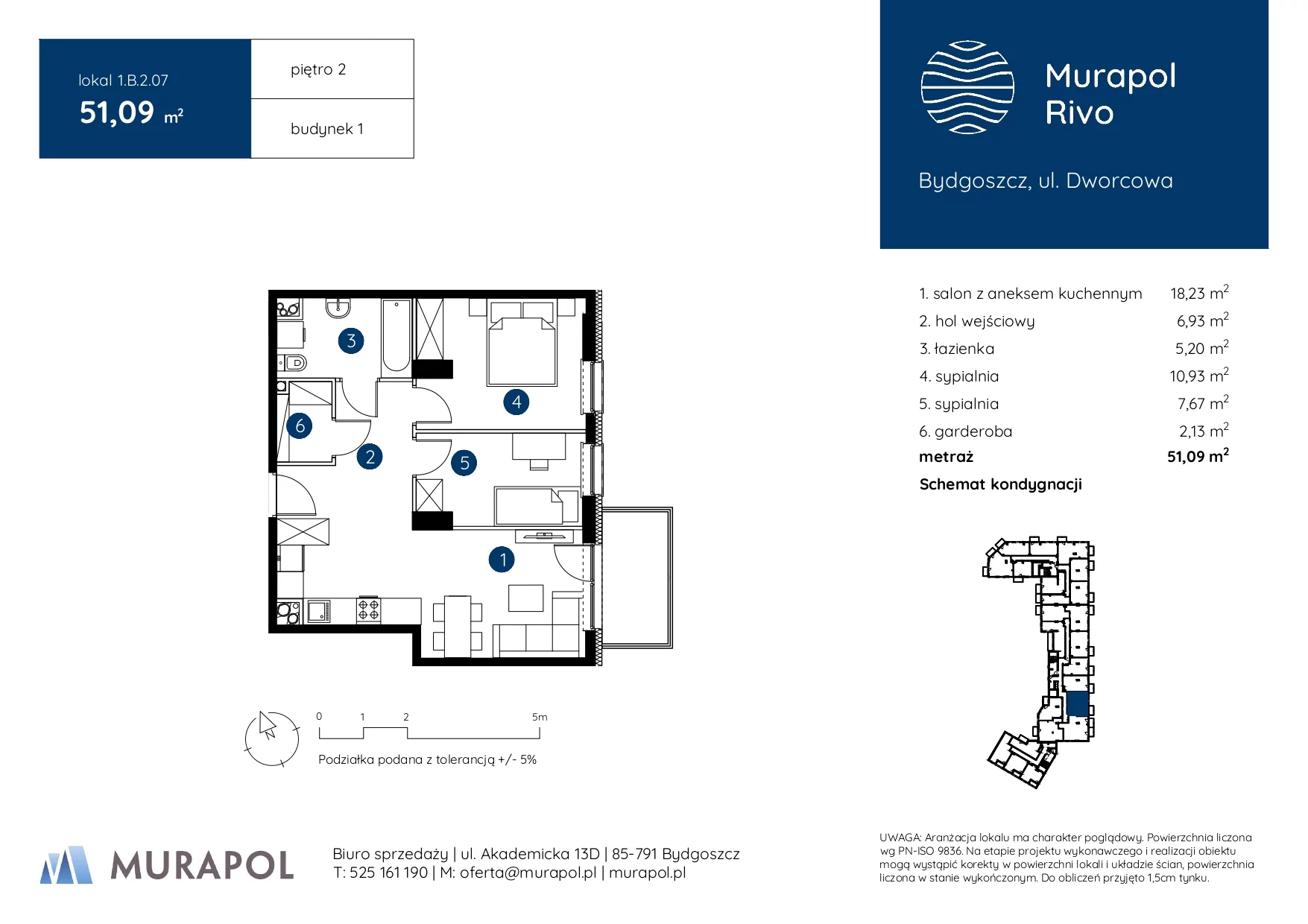 3 pokoje, mieszkanie 51,09 m², piętro 2, oferta nr 1.B.2.07, Murapol Rivo, Bydgoszcz, Śródmieście, ul. Dworcowa