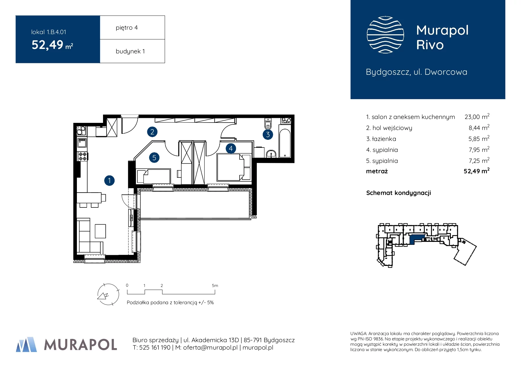 3 pokoje, mieszkanie 52,49 m², piętro 4, oferta nr 1.B.4.01, Murapol Rivo, Bydgoszcz, Śródmieście, ul. Dworcowa