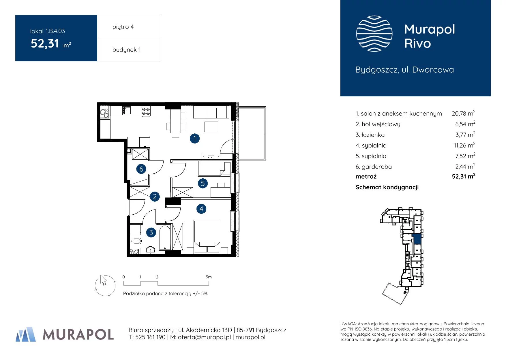 3 pokoje, mieszkanie 52,31 m², piętro 4, oferta nr 1.B.4.03, Murapol Rivo, Bydgoszcz, Śródmieście, ul. Dworcowa