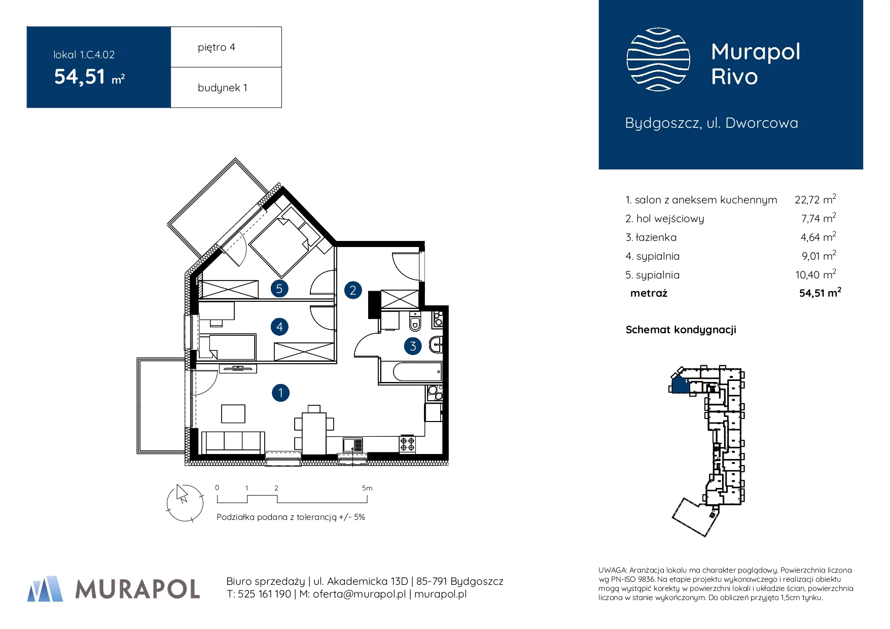 3 pokoje, mieszkanie 54,51 m², piętro 4, oferta nr 1.C.4.02, Murapol Rivo, Bydgoszcz, Śródmieście, ul. Dworcowa