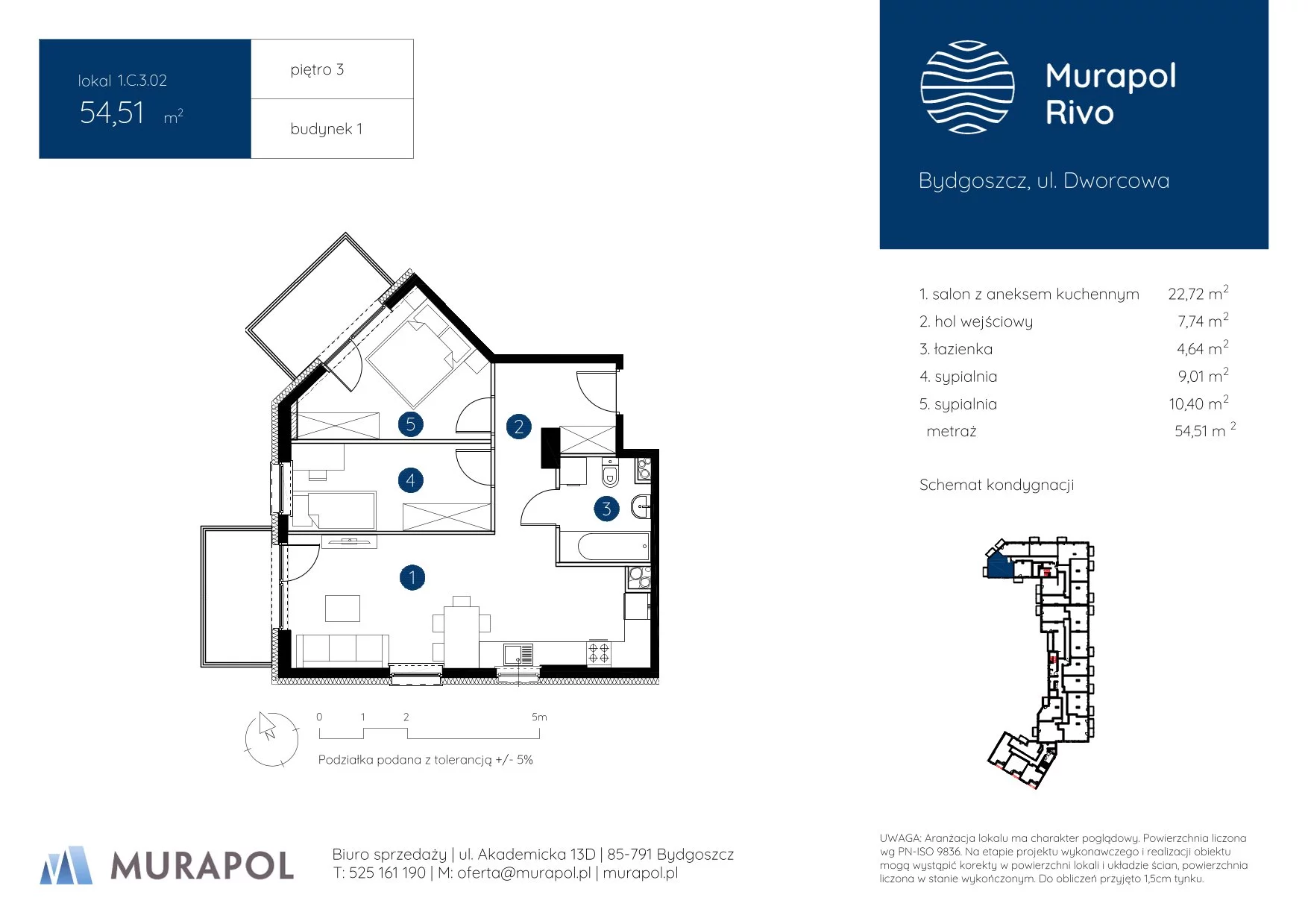 3 pokoje, mieszkanie 54,51 m², piętro 3, oferta nr 1.C.3.02, Murapol Rivo, Bydgoszcz, Śródmieście, ul. Dworcowa