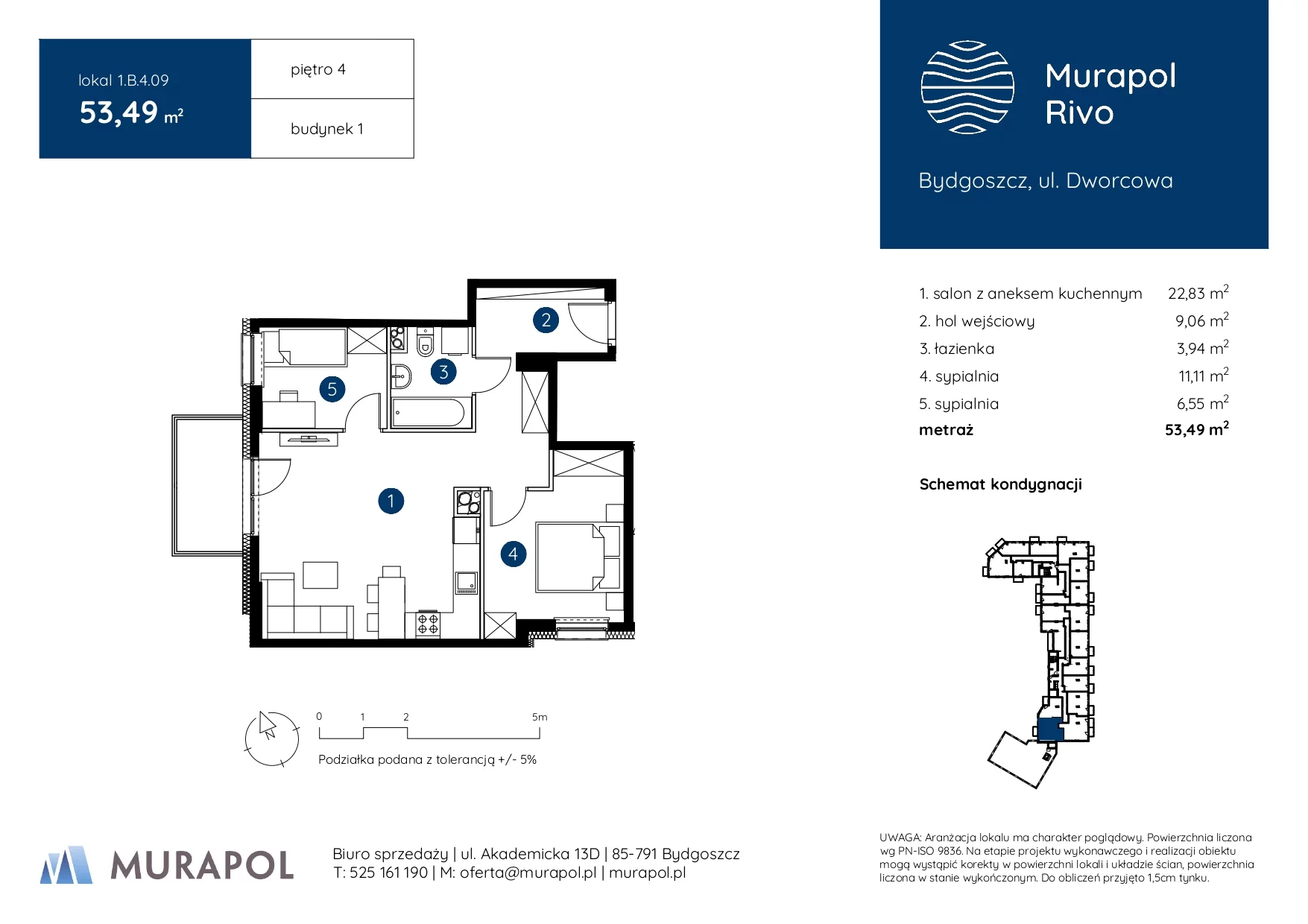 3 pokoje, mieszkanie 53,49 m², piętro 4, oferta nr 1.B.4.09, Murapol Rivo, Bydgoszcz, Śródmieście, ul. Dworcowa
