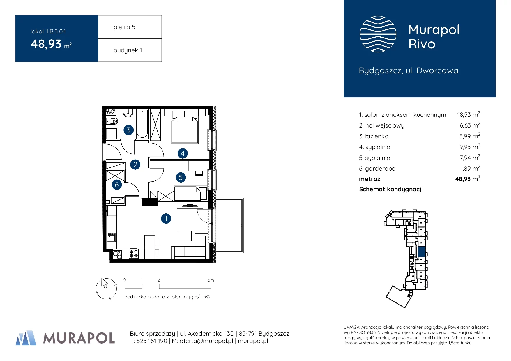 3 pokoje, mieszkanie 48,93 m², piętro 5, oferta nr 1.B.5.04, Murapol Rivo, Bydgoszcz, Śródmieście, ul. Dworcowa
