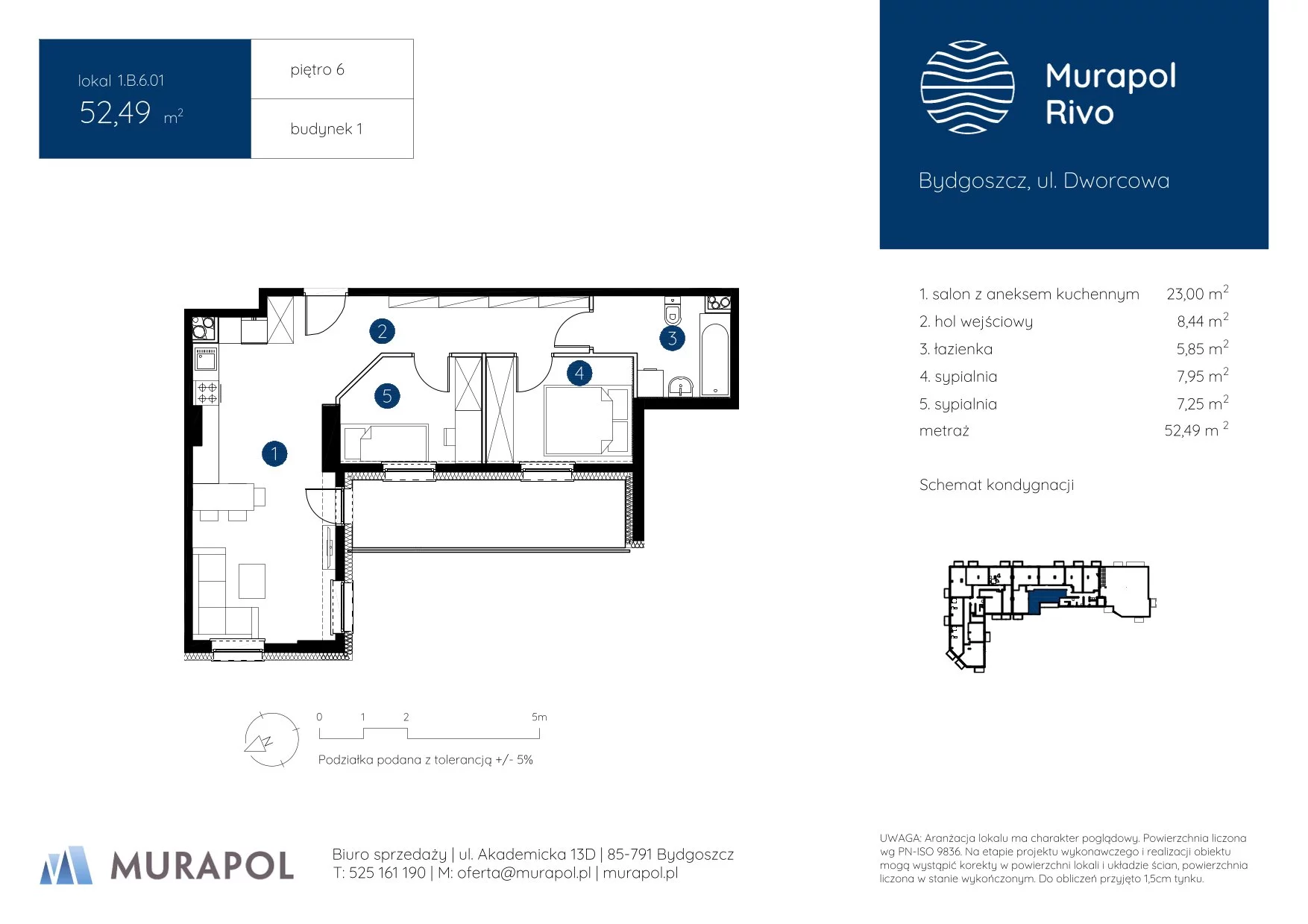 3 pokoje, mieszkanie 52,49 m², piętro 6, oferta nr 1.B.6.01, Murapol Rivo, Bydgoszcz, Śródmieście, ul. Dworcowa