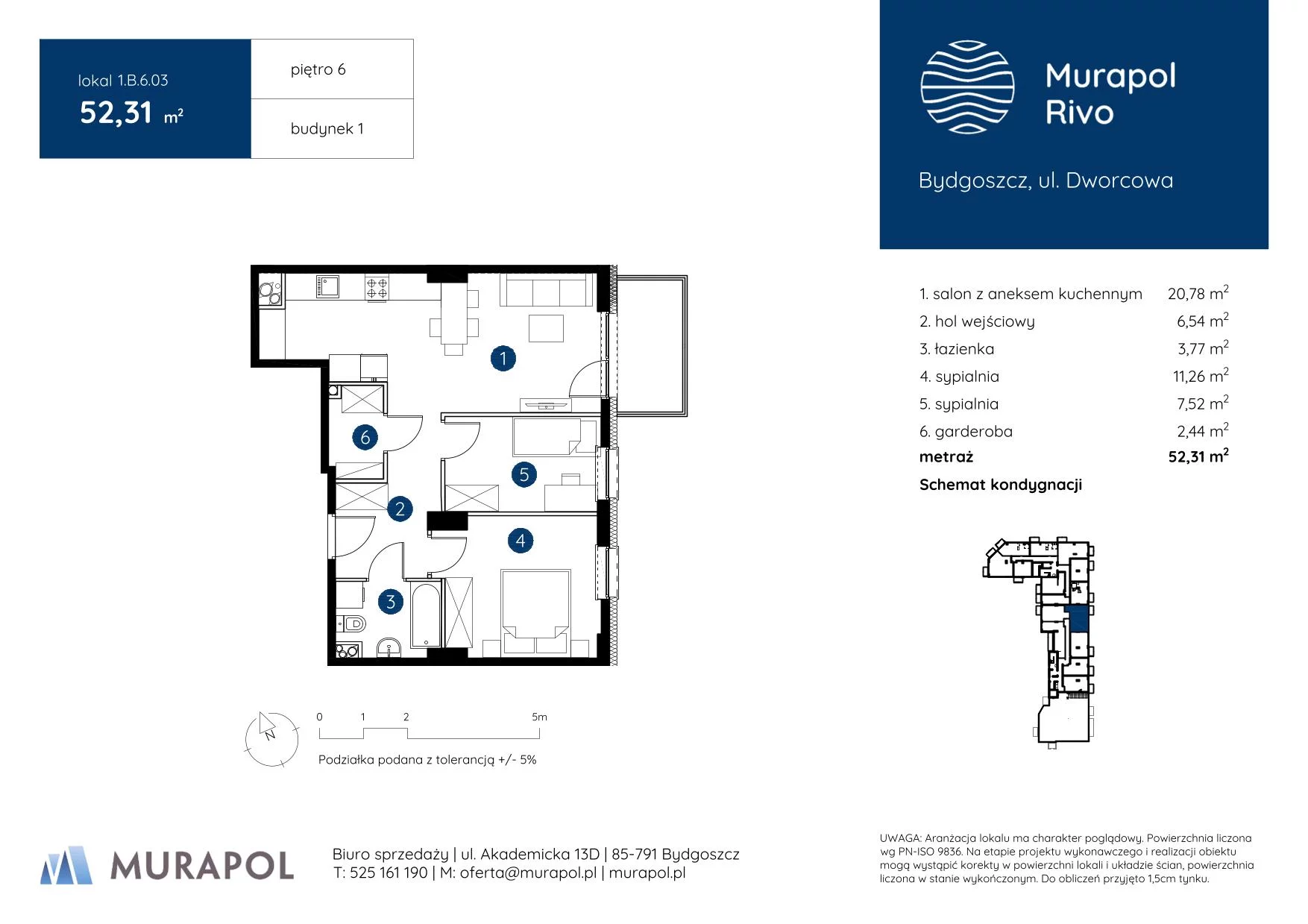 3 pokoje, mieszkanie 52,31 m², piętro 6, oferta nr 1.B.6.03, Murapol Rivo, Bydgoszcz, Śródmieście, ul. Dworcowa