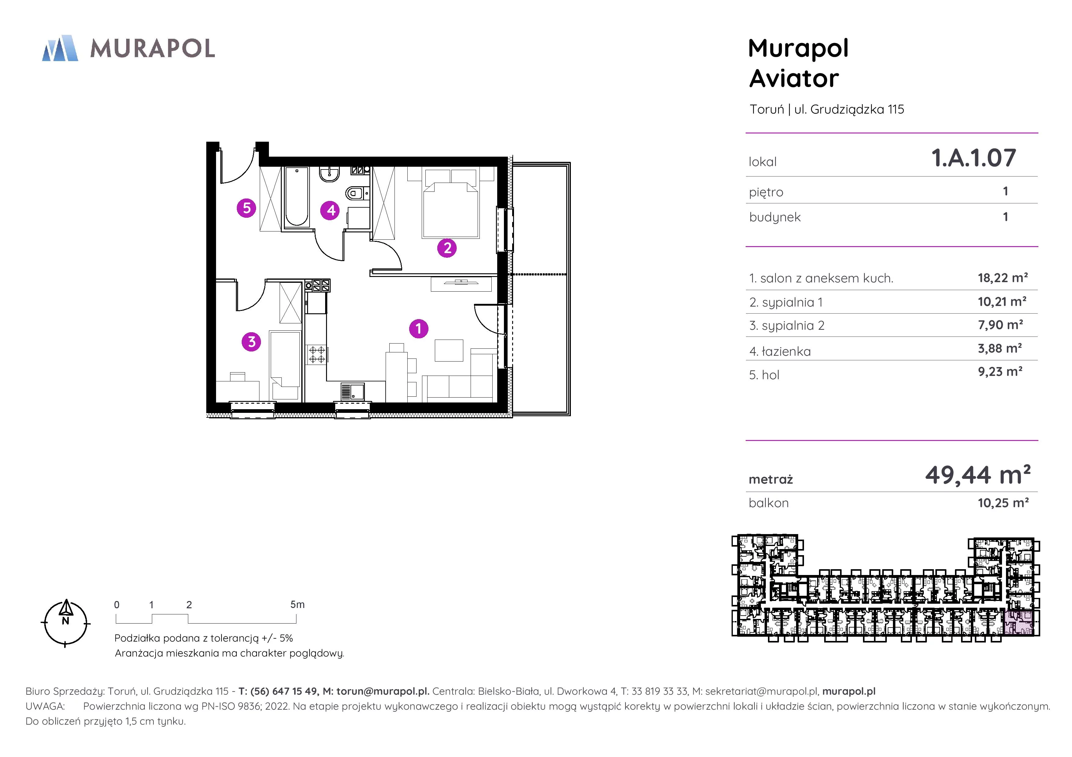 Apartament inwestycyjny 49,44 m², piętro 1, oferta nr 1.A.1.07, Murapol Aviator, Toruń, Koniuchy, ul. Grudziądzka