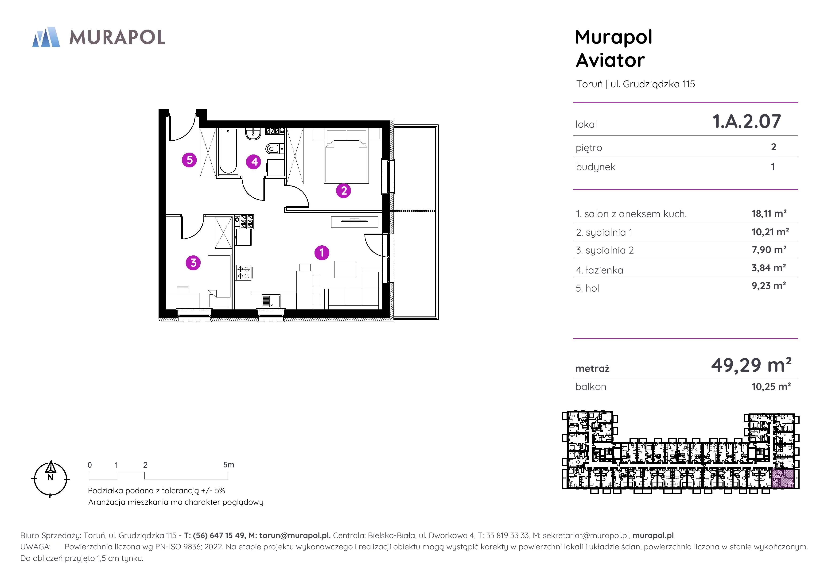 3 pokoje, apartament inwestycyjny 49,29 m², piętro 2, oferta nr 1.A.2.07, Murapol Aviator, Toruń, Koniuchy, ul. Grudziądzka