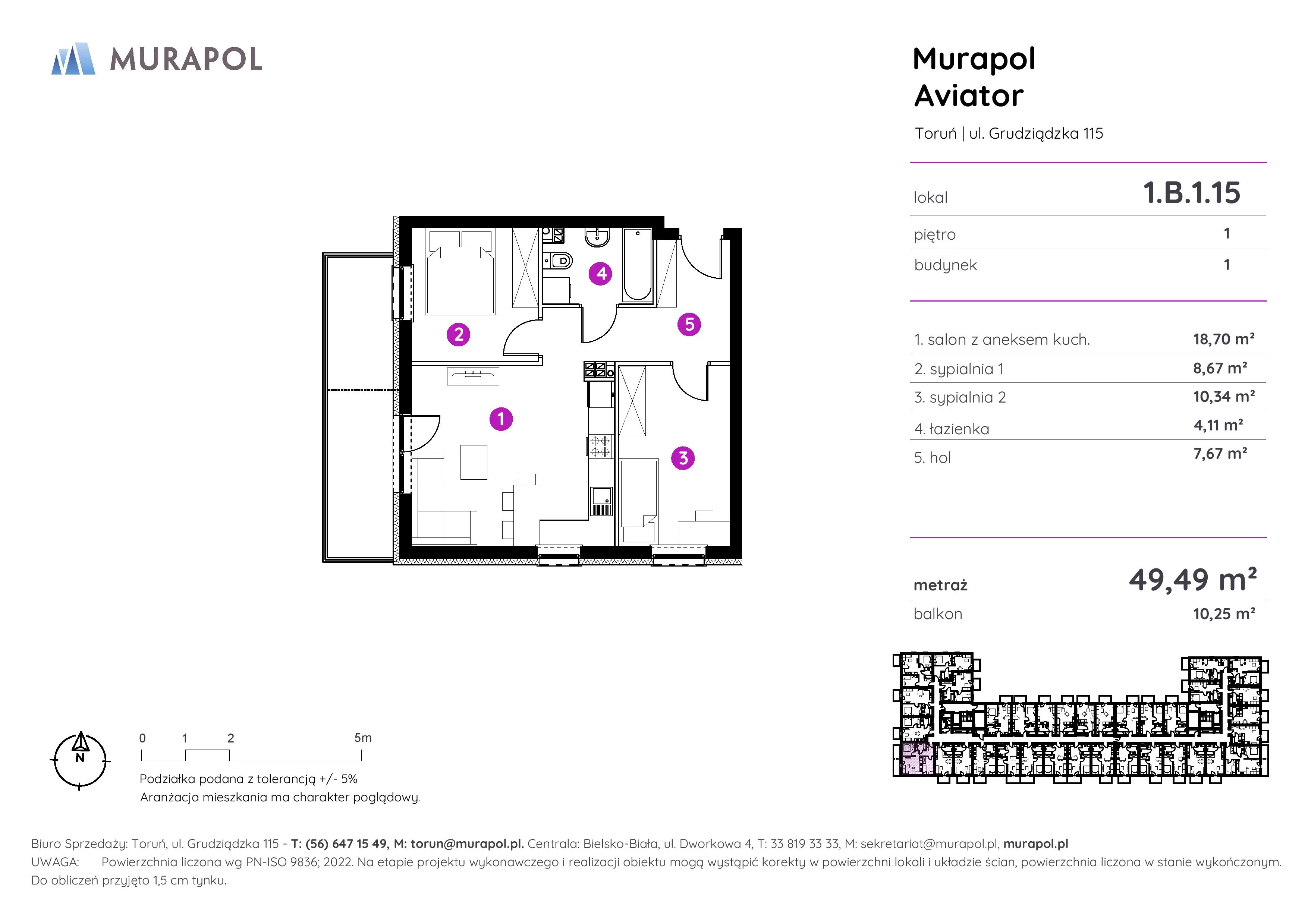 3 pokoje, apartament inwestycyjny 49,49 m², piętro 1, oferta nr 1.B.1.15, Murapol Aviator, Toruń, Koniuchy, ul. Grudziądzka