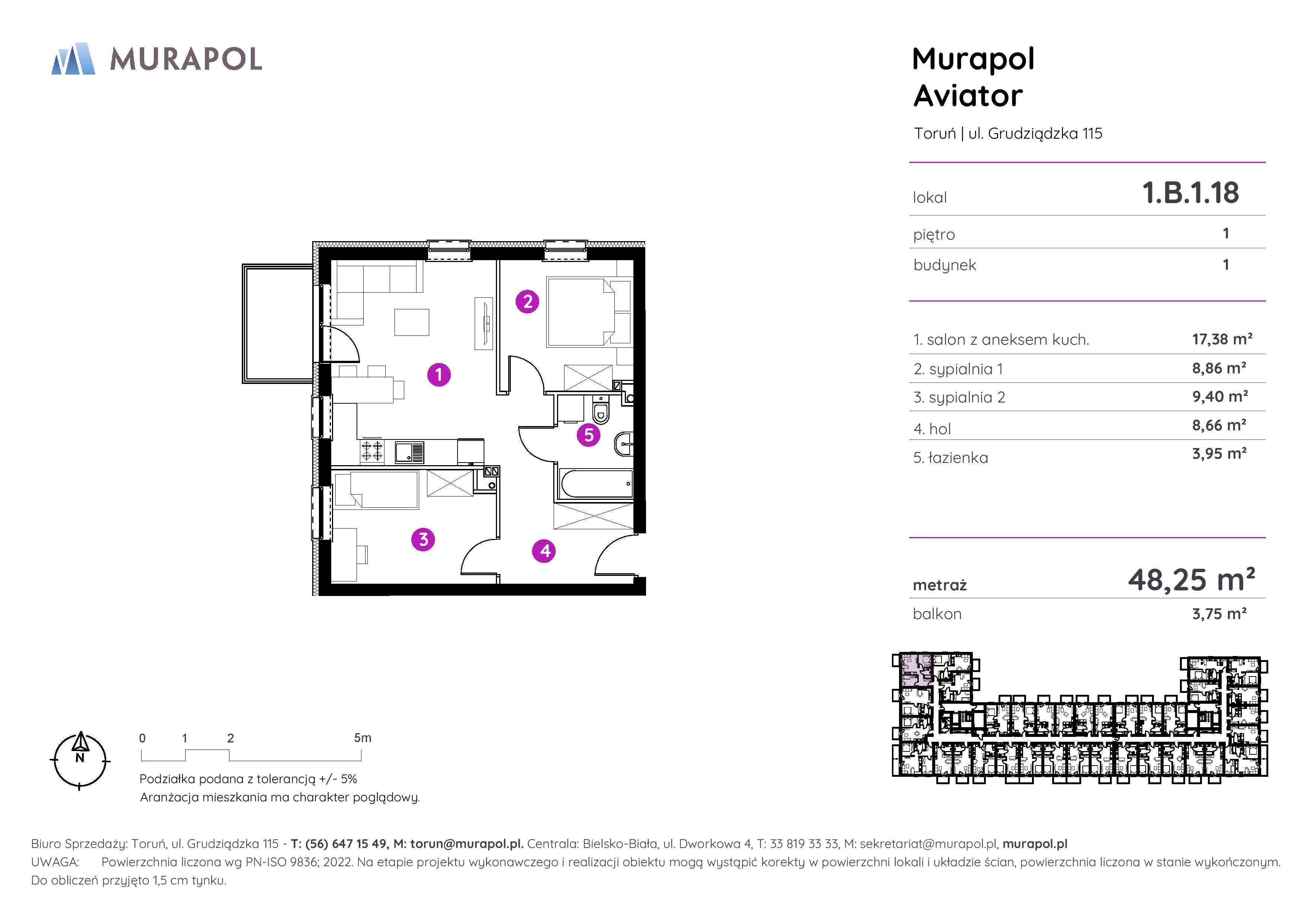 Apartament inwestycyjny 48,25 m², piętro 1, oferta nr 1.B.1.18, Murapol Aviator, Toruń, Koniuchy, ul. Grudziądzka