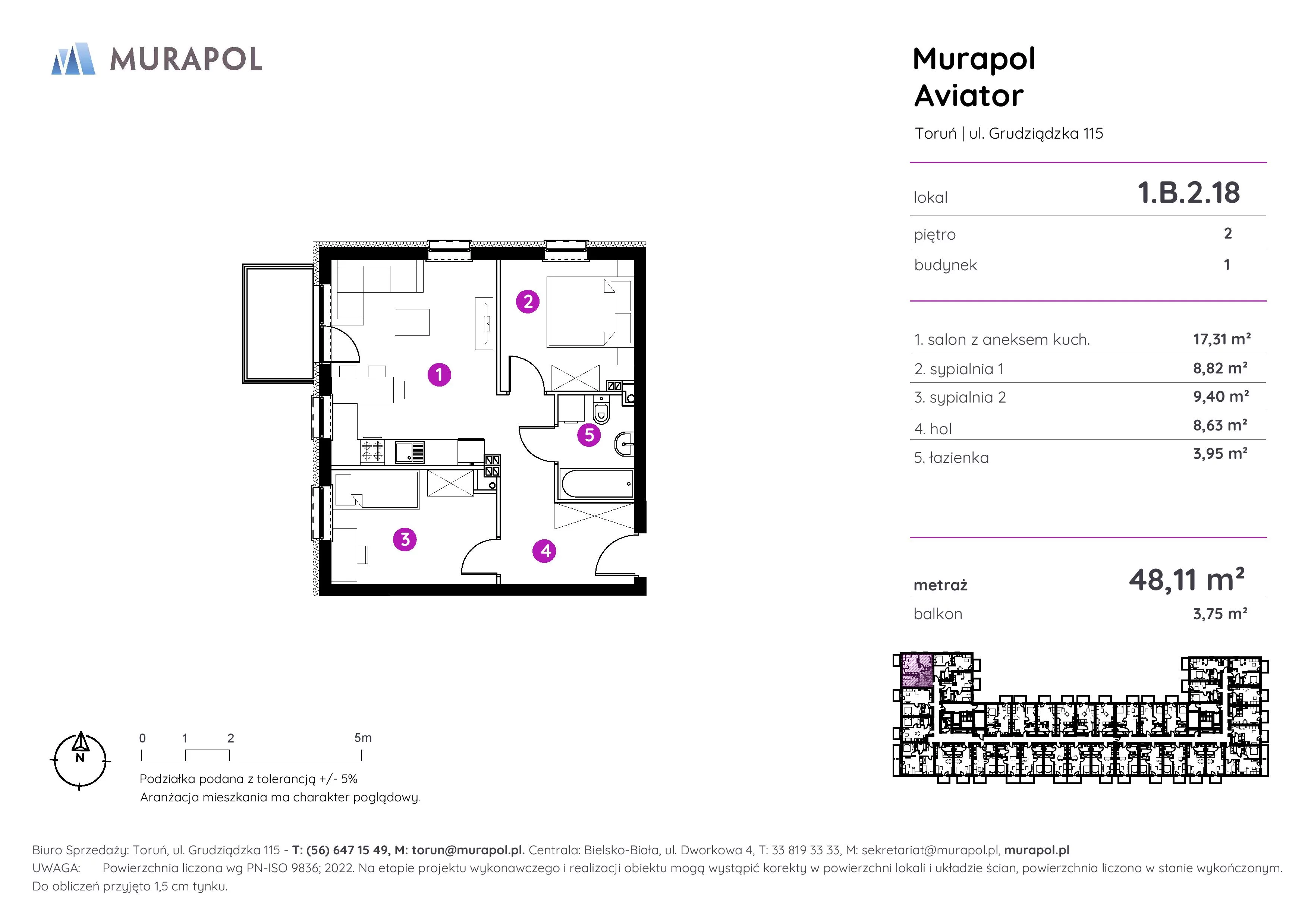 Apartament inwestycyjny 48,11 m², piętro 2, oferta nr 1.B.2.18, Murapol Aviator, Toruń, Koniuchy, ul. Grudziądzka