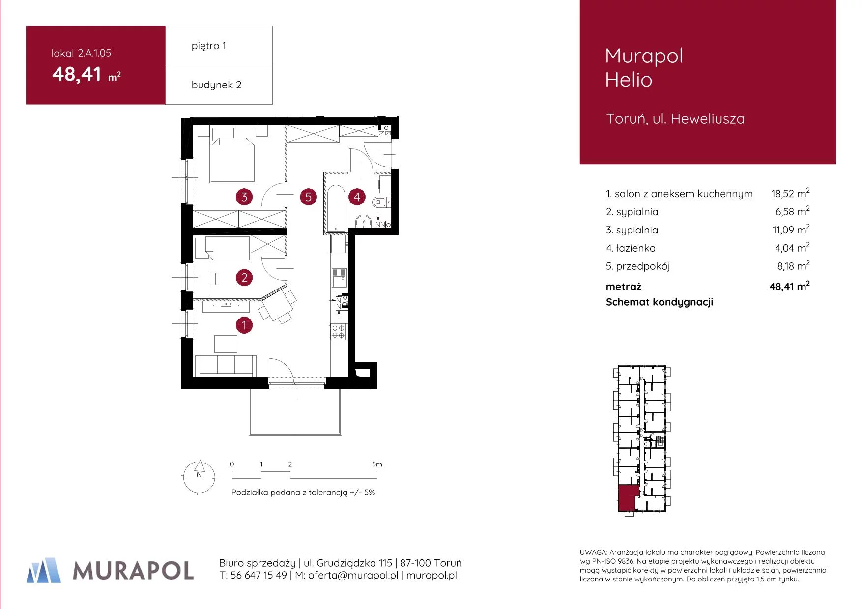 Mieszkanie 48,41 m², piętro 1, oferta nr 2.A.1.05, Murapol Helio, Toruń, Wrzosy, JAR, ul. Heweliusza-idx