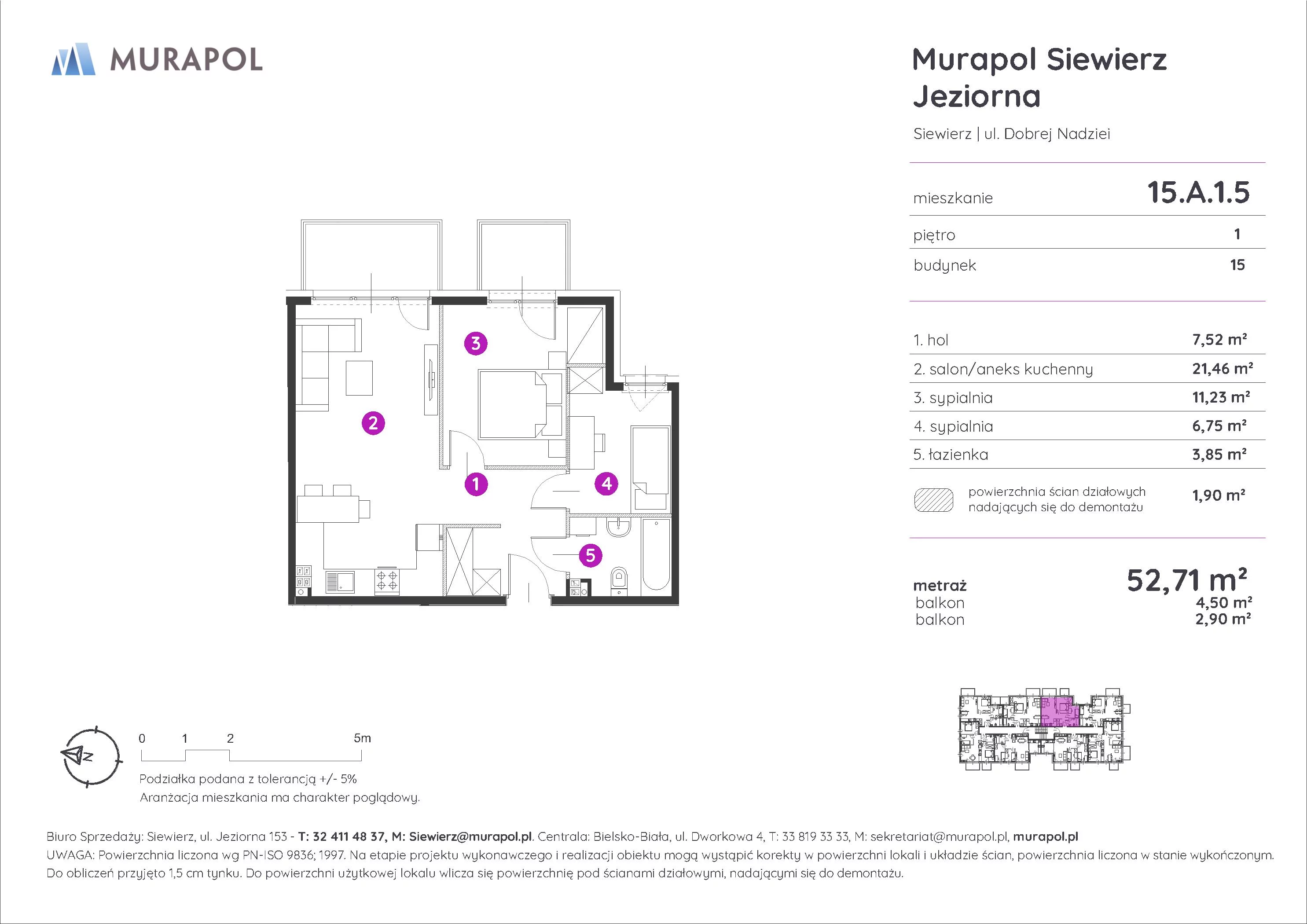 Mieszkanie 52,71 m², piętro 1, oferta nr 15.A.1.5, Murapol Siewierz Jeziorna, Siewierz, ul. Jeziorna 153