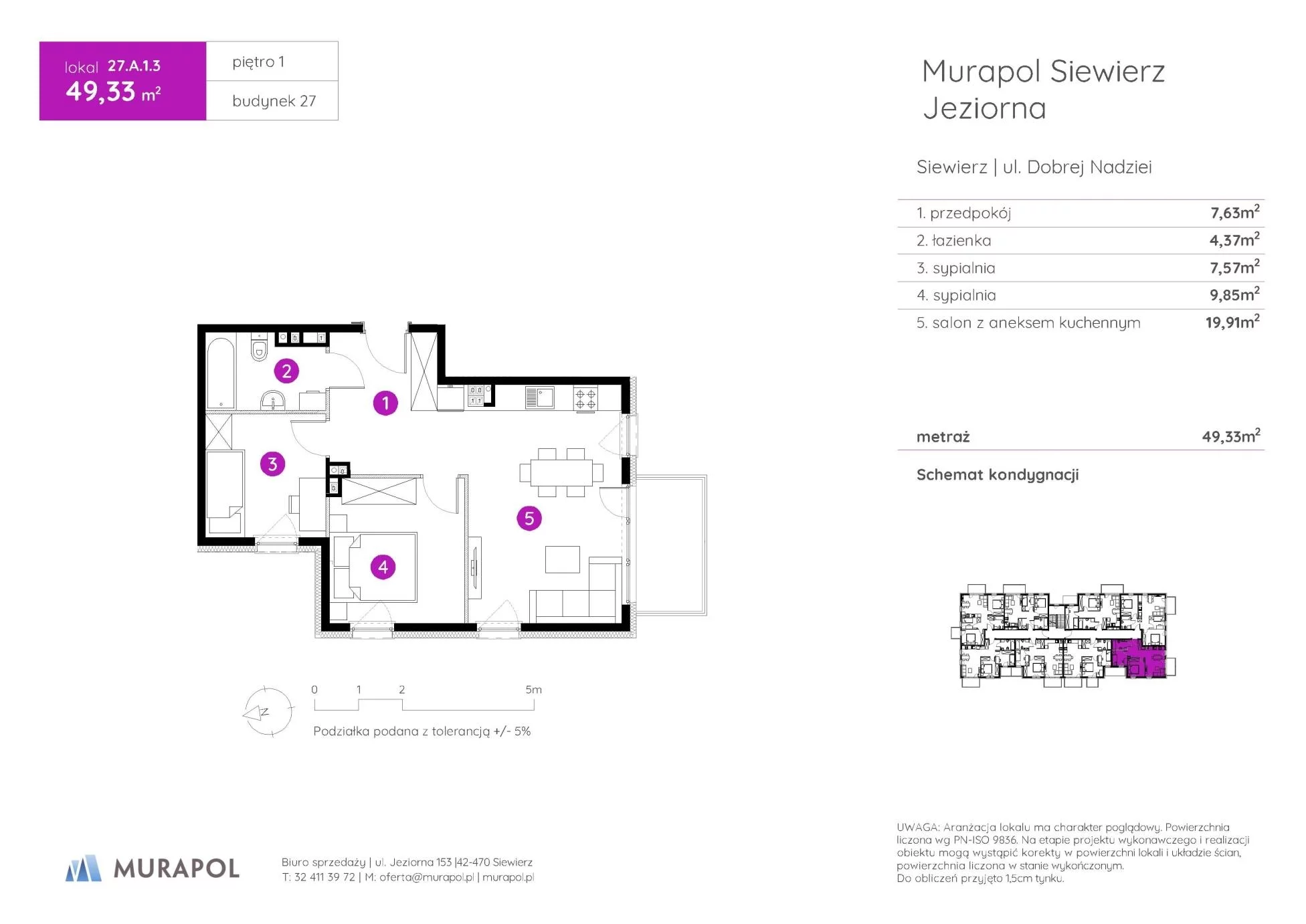 3 pokoje, mieszkanie 49,33 m², piętro 1, oferta nr 27.A.1.3, Murapol Siewierz Jeziorna - Gotowe mieszkania, Siewierz, ul. Jeziorna 153