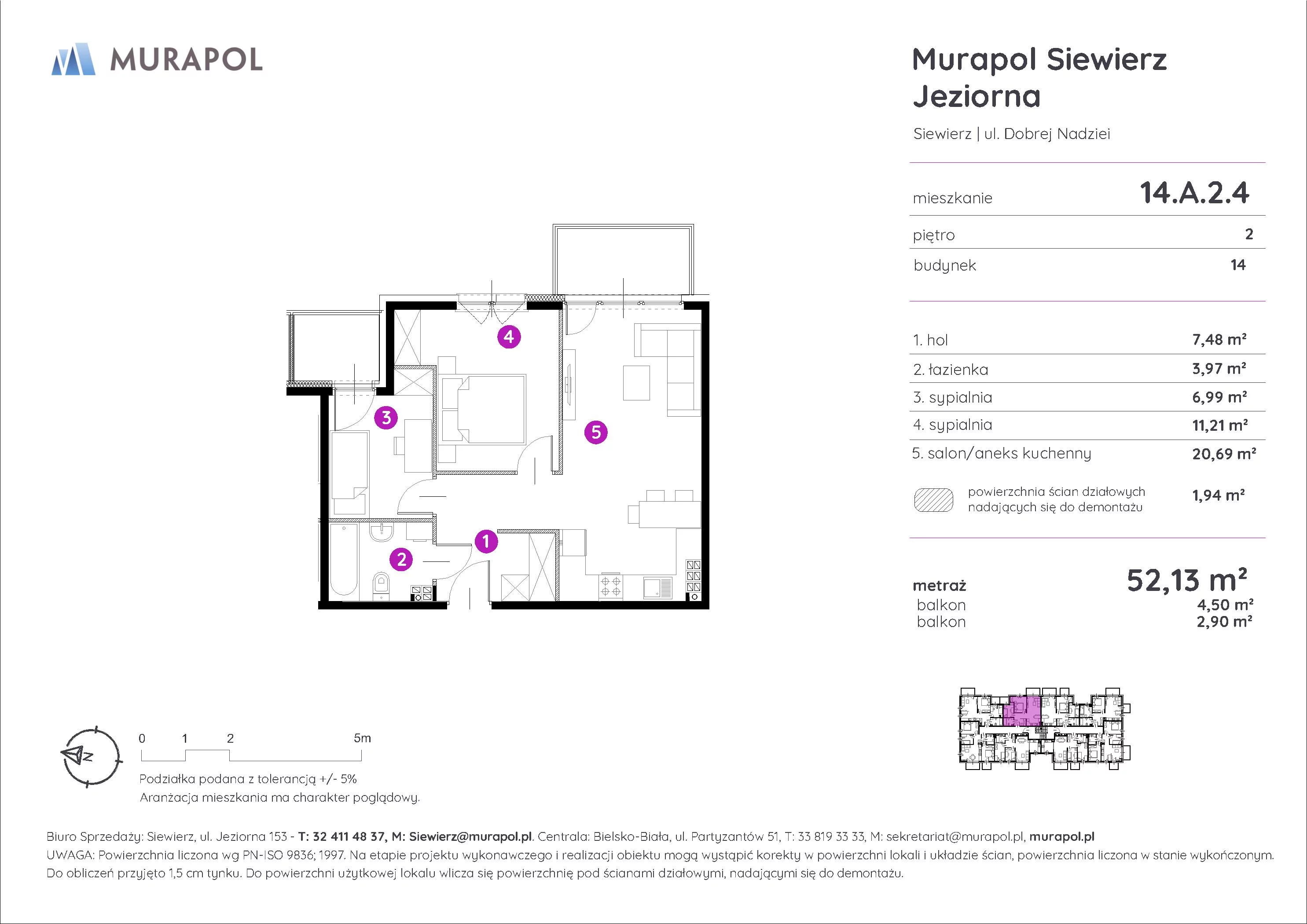3 pokoje, mieszkanie 52,13 m², piętro 2, oferta nr 14.A.2.4, Murapol Siewierz Jeziorna - Gotowe mieszkania, Siewierz, ul. Jeziorna 153