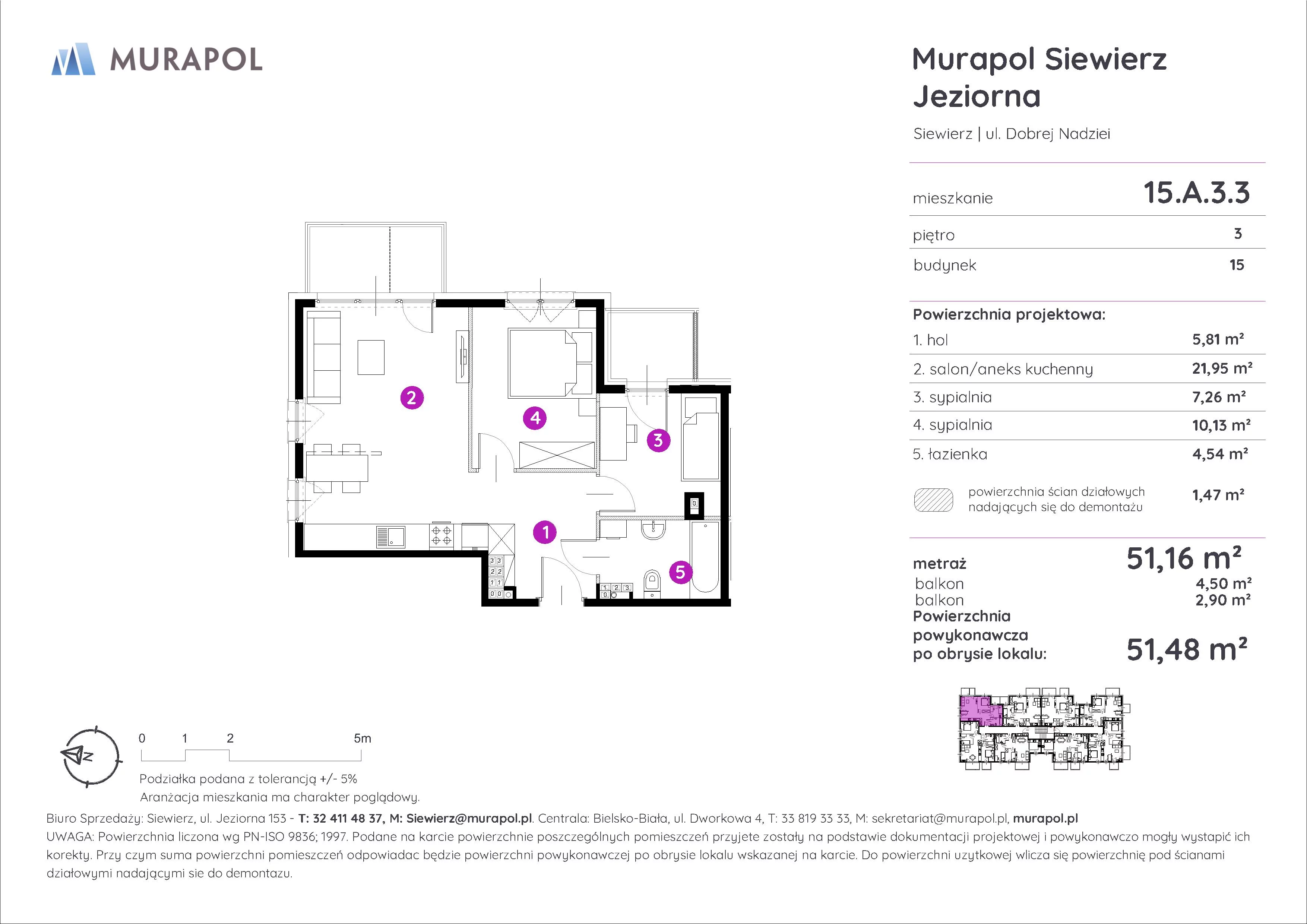 3 pokoje, mieszkanie 51,48 m², piętro 3, oferta nr 15.A.3.3, Murapol Siewierz Jeziorna, Siewierz, ul. Jeziorna 153
