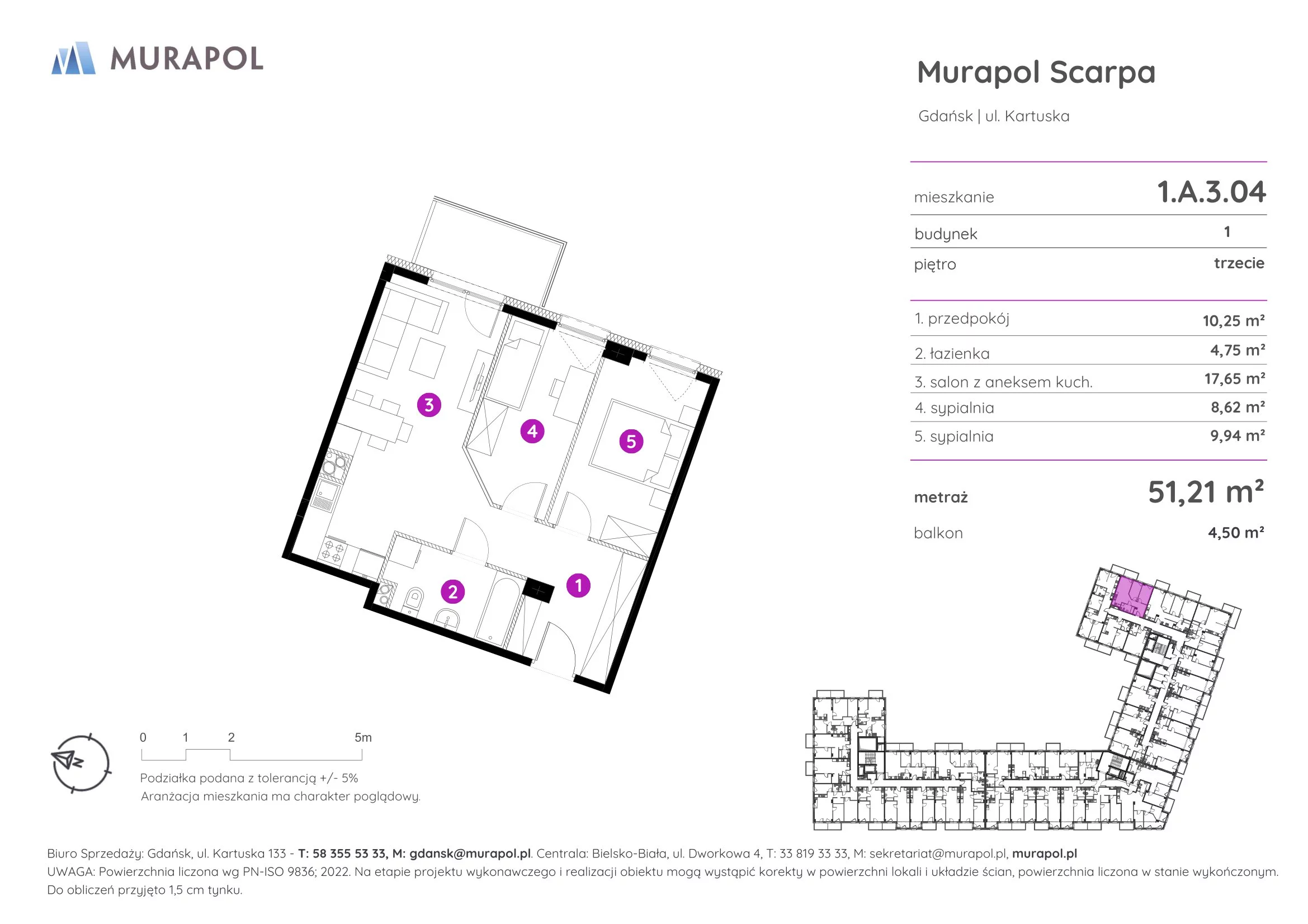 Mieszkanie 51,21 m², piętro 3, oferta nr 1.A.3.04, Murapol Scarpa, Gdańsk, Siedlce, ul. Kartuska