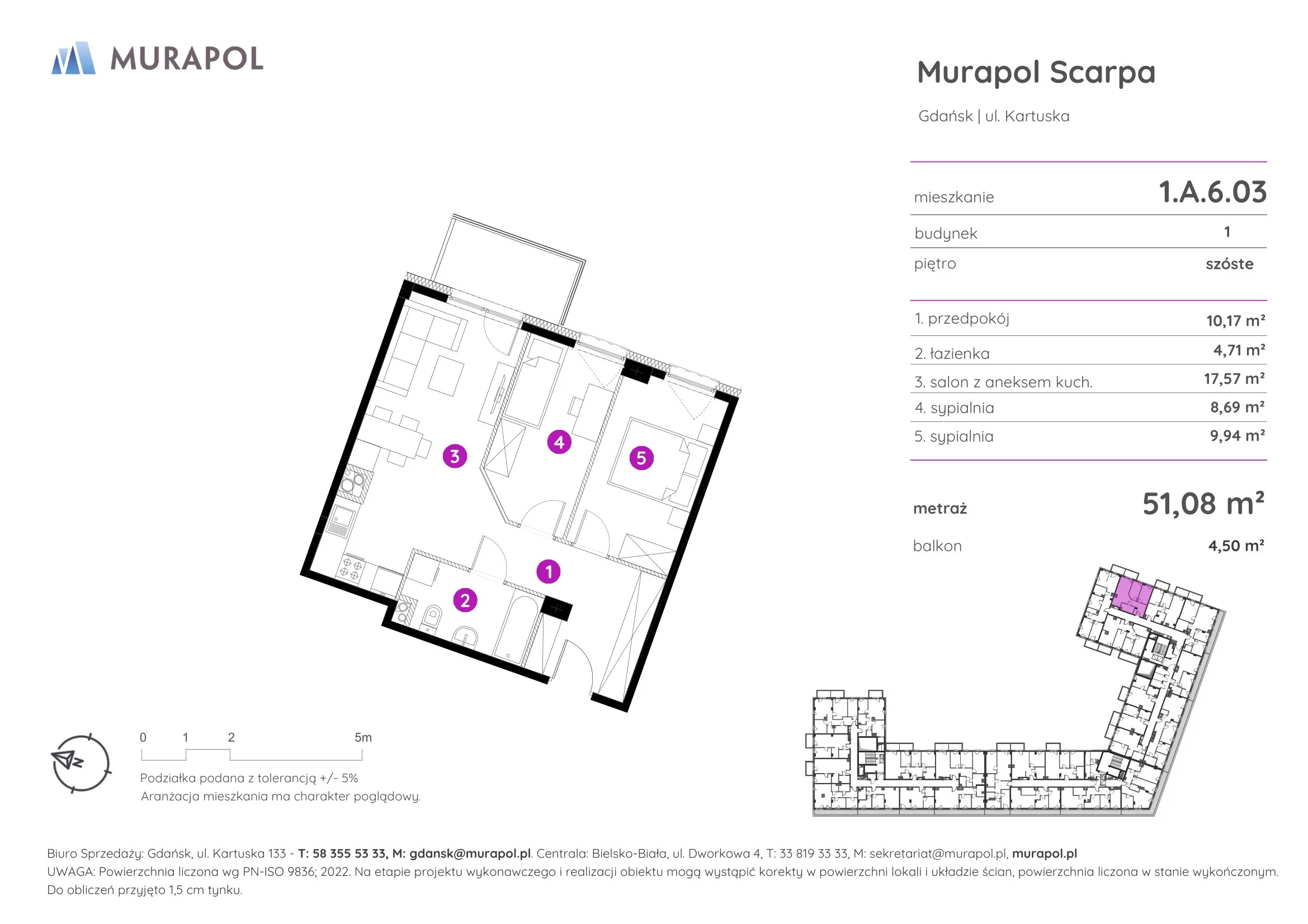 Mieszkanie 51,08 m², piętro 6, oferta nr 1.A.6.03, Murapol Scarpa, Gdańsk, Siedlce, ul. Kartuska