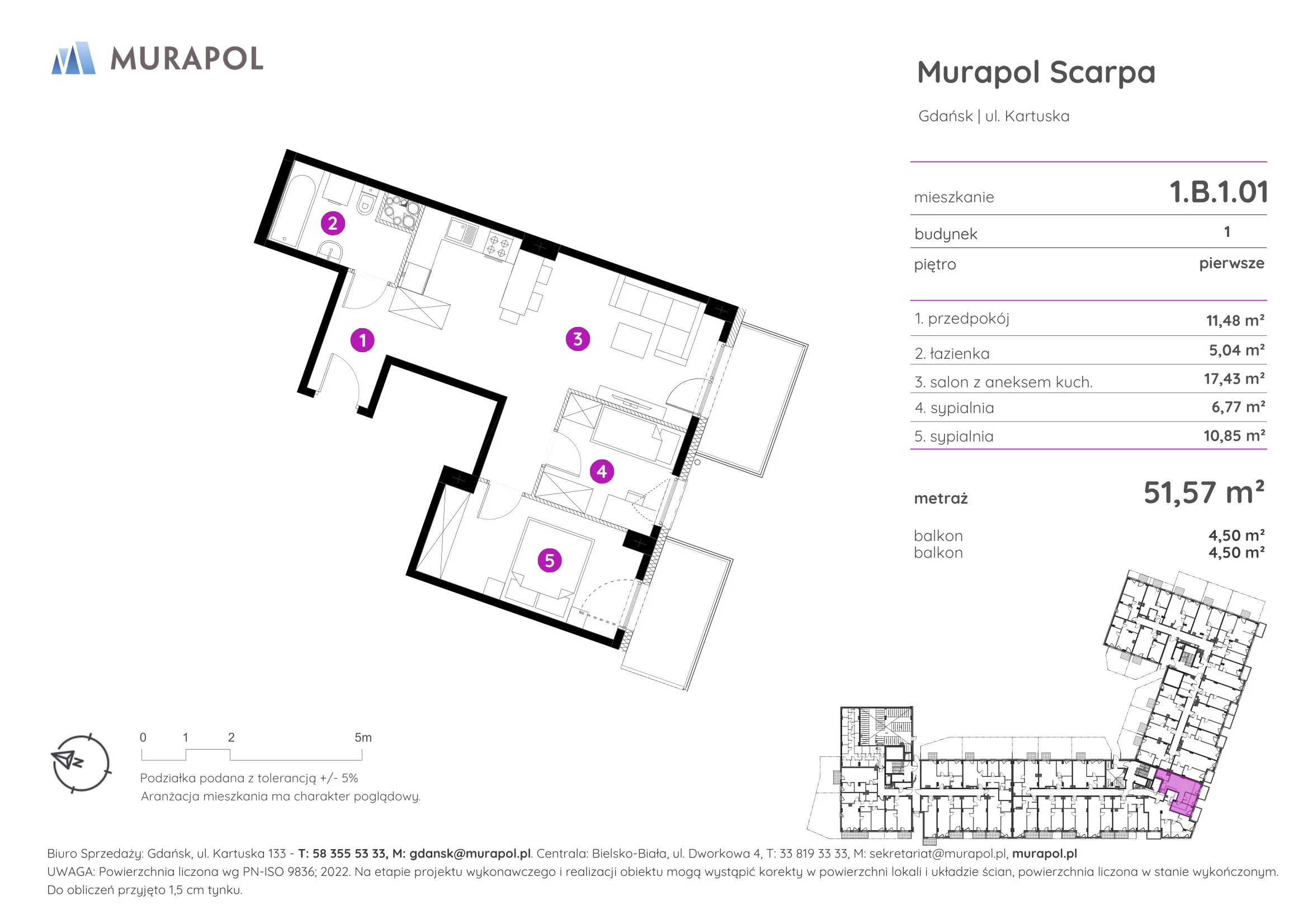 Mieszkanie 51,57 m², piętro 1, oferta nr 1.B.1.01, Murapol Scarpa, Gdańsk, Siedlce, ul. Kartuska