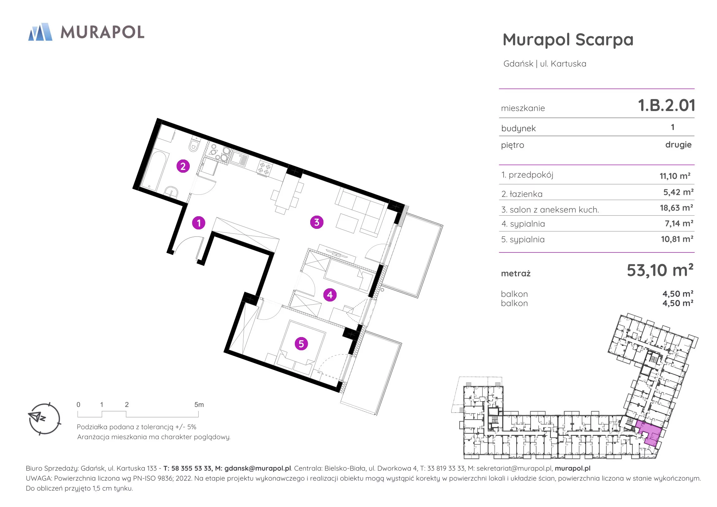 Mieszkanie 53,10 m², piętro 2, oferta nr 1.B.2.01, Murapol Scarpa, Gdańsk, Siedlce, ul. Kartuska