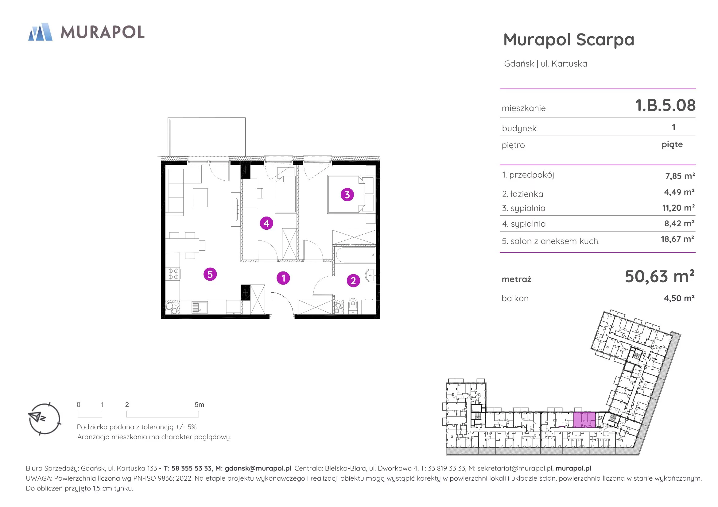 Mieszkanie 50,63 m², piętro 5, oferta nr 1.B.5.08, Murapol Scarpa, Gdańsk, Siedlce, ul. Kartuska