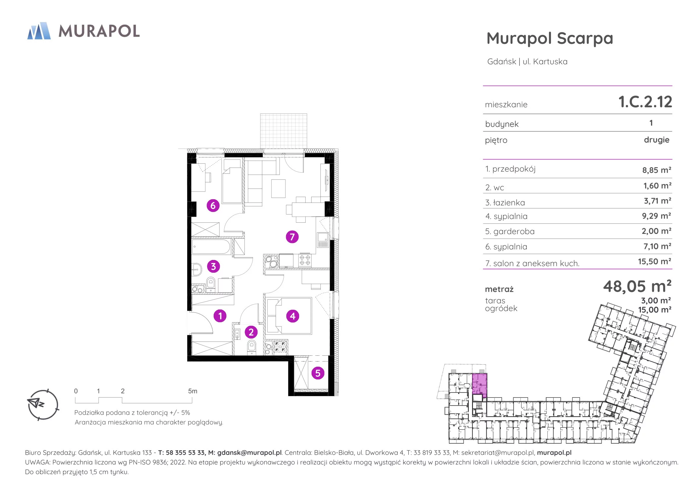 Mieszkanie 48,05 m², piętro 2, oferta nr 1.C.2.12, Murapol Scarpa, Gdańsk, Siedlce, ul. Kartuska