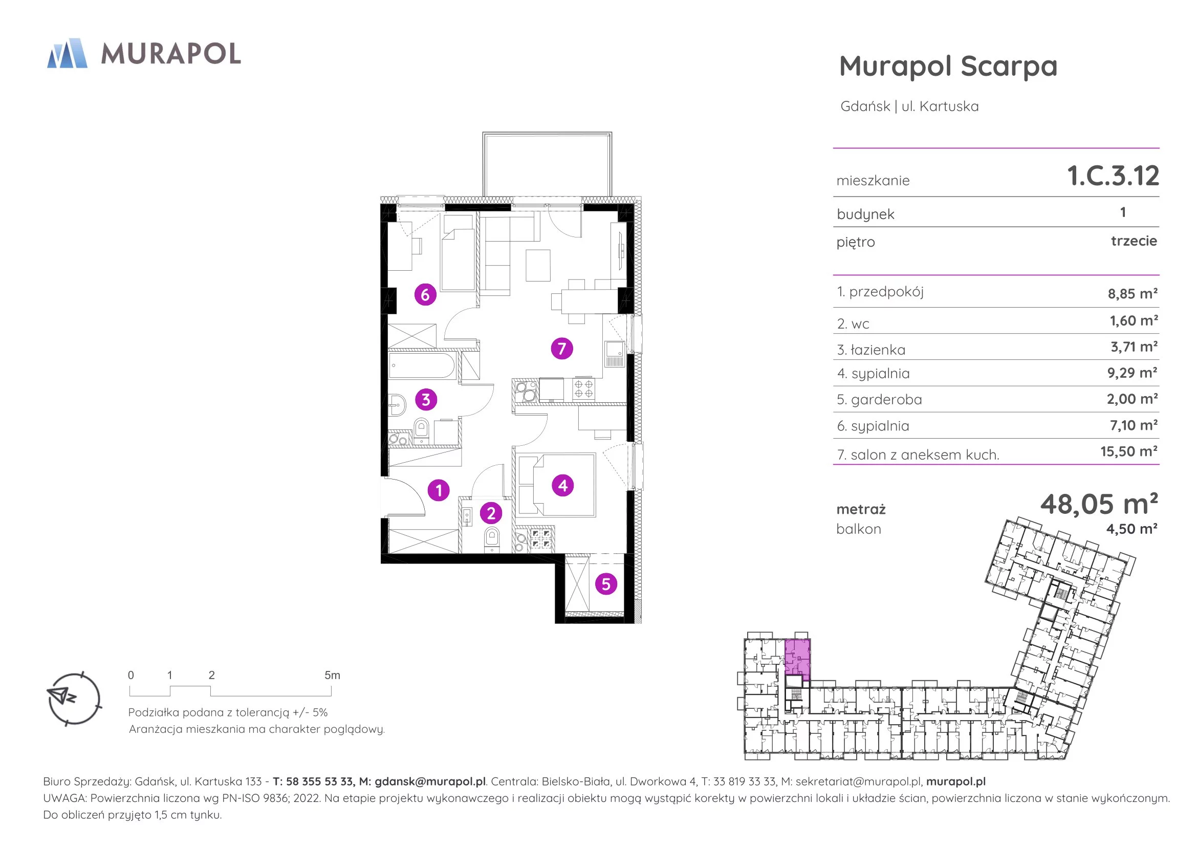 Mieszkanie 48,05 m², piętro 3, oferta nr 1.C.3.12, Murapol Scarpa, Gdańsk, Siedlce, ul. Kartuska