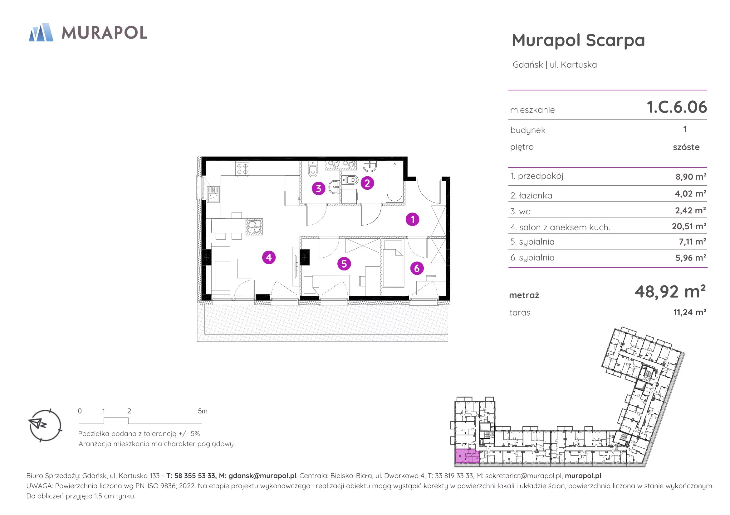 Mieszkanie 48,92 m², piętro 6, oferta nr 1.C.6.06, Murapol Scarpa, Gdańsk, Siedlce, ul. Kartuska