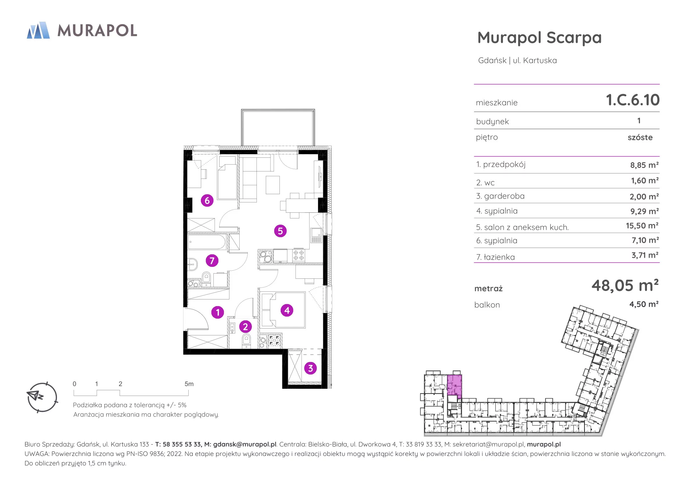 Mieszkanie 48,05 m², piętro 6, oferta nr 1.C.6.10, Murapol Scarpa, Gdańsk, Siedlce, ul. Kartuska