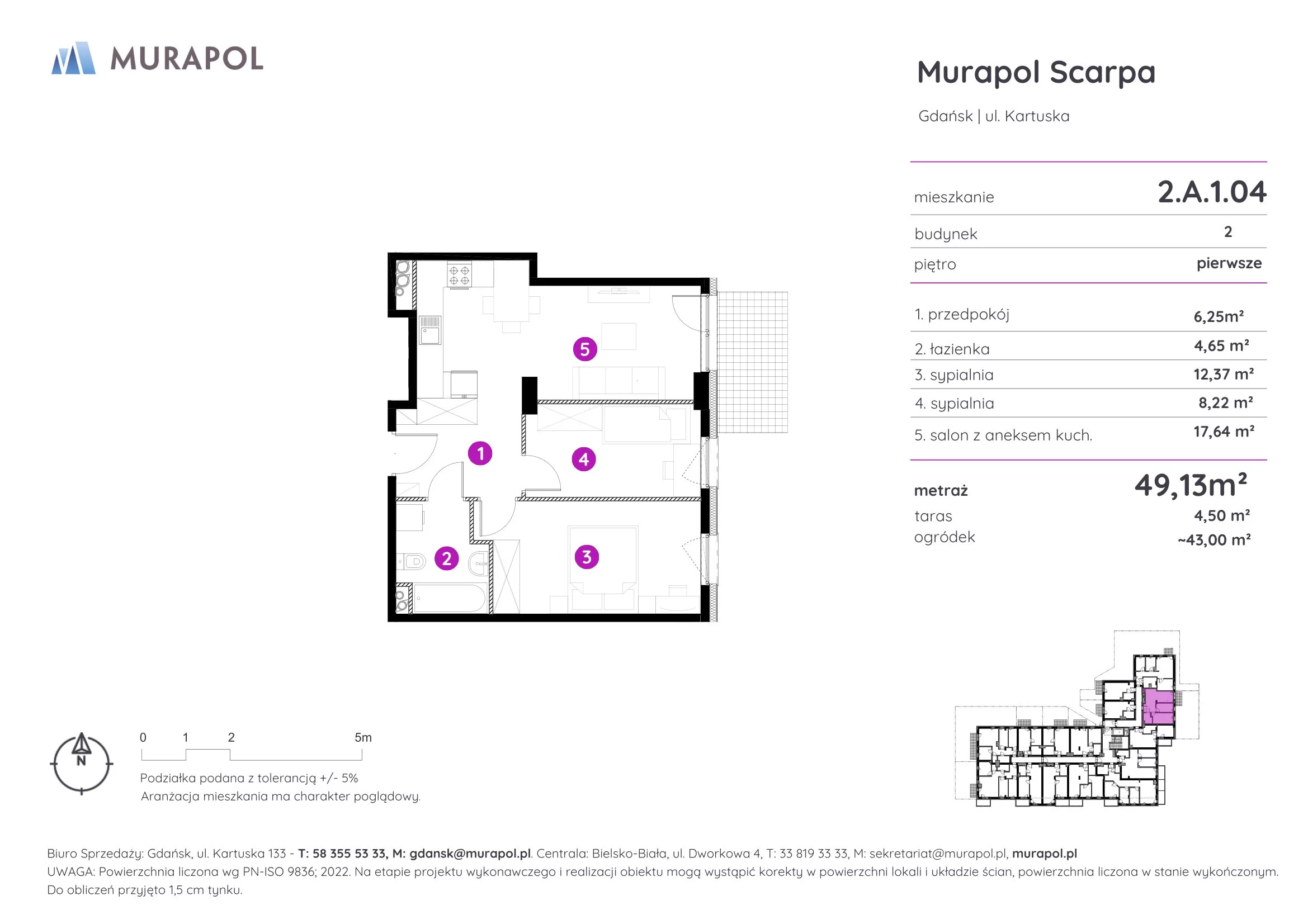 Mieszkanie 49,13 m², piętro 1, oferta nr 2.A.1.04, Murapol Scarpa, Gdańsk, Siedlce, ul. Kartuska