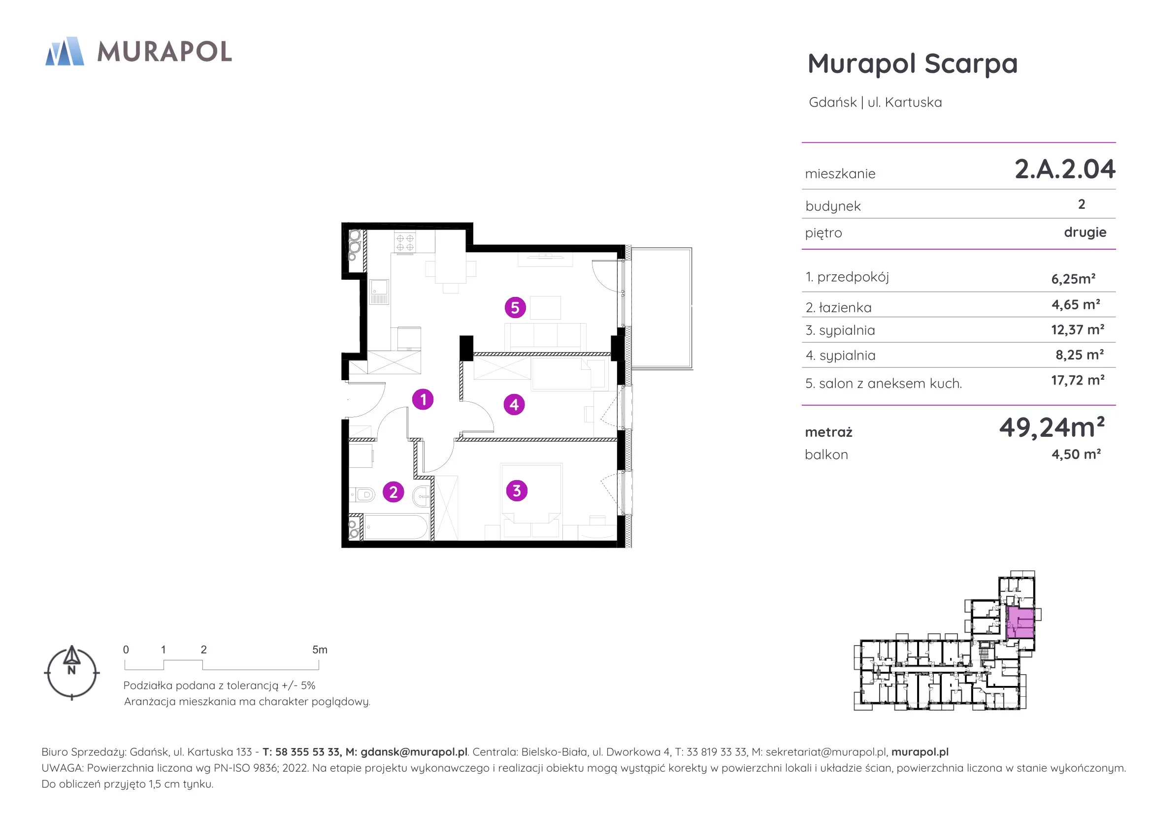 Mieszkanie 49,24 m², piętro 2, oferta nr 2.A.2.04, Murapol Scarpa, Gdańsk, Siedlce, ul. Kartuska