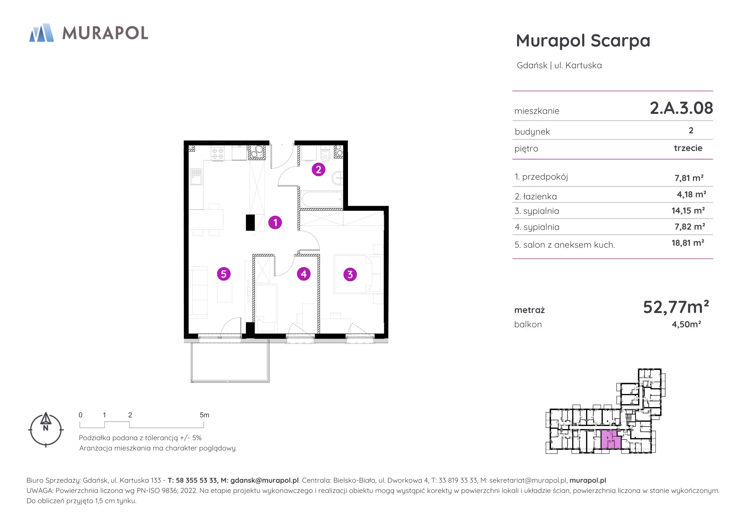 Mieszkanie 52,77 m², piętro 3, oferta nr 2.A.3.08, Murapol Scarpa, Gdańsk, Siedlce, ul. Kartuska