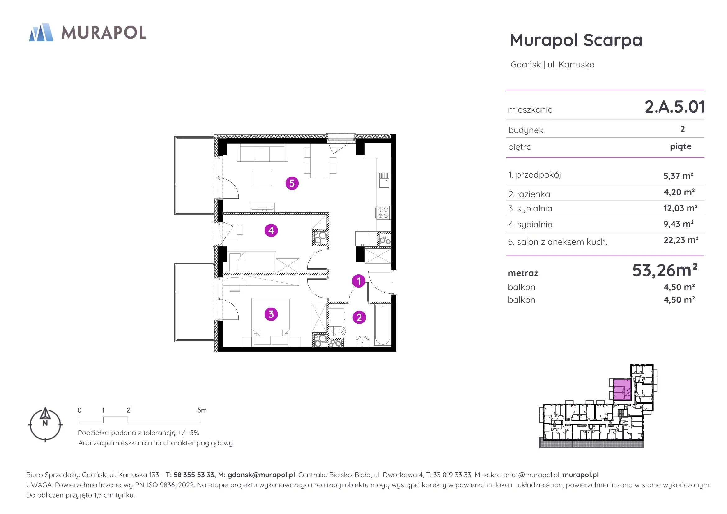 Mieszkanie 53,26 m², piętro 5, oferta nr 2.A.5.01, Murapol Scarpa, Gdańsk, Siedlce, ul. Kartuska