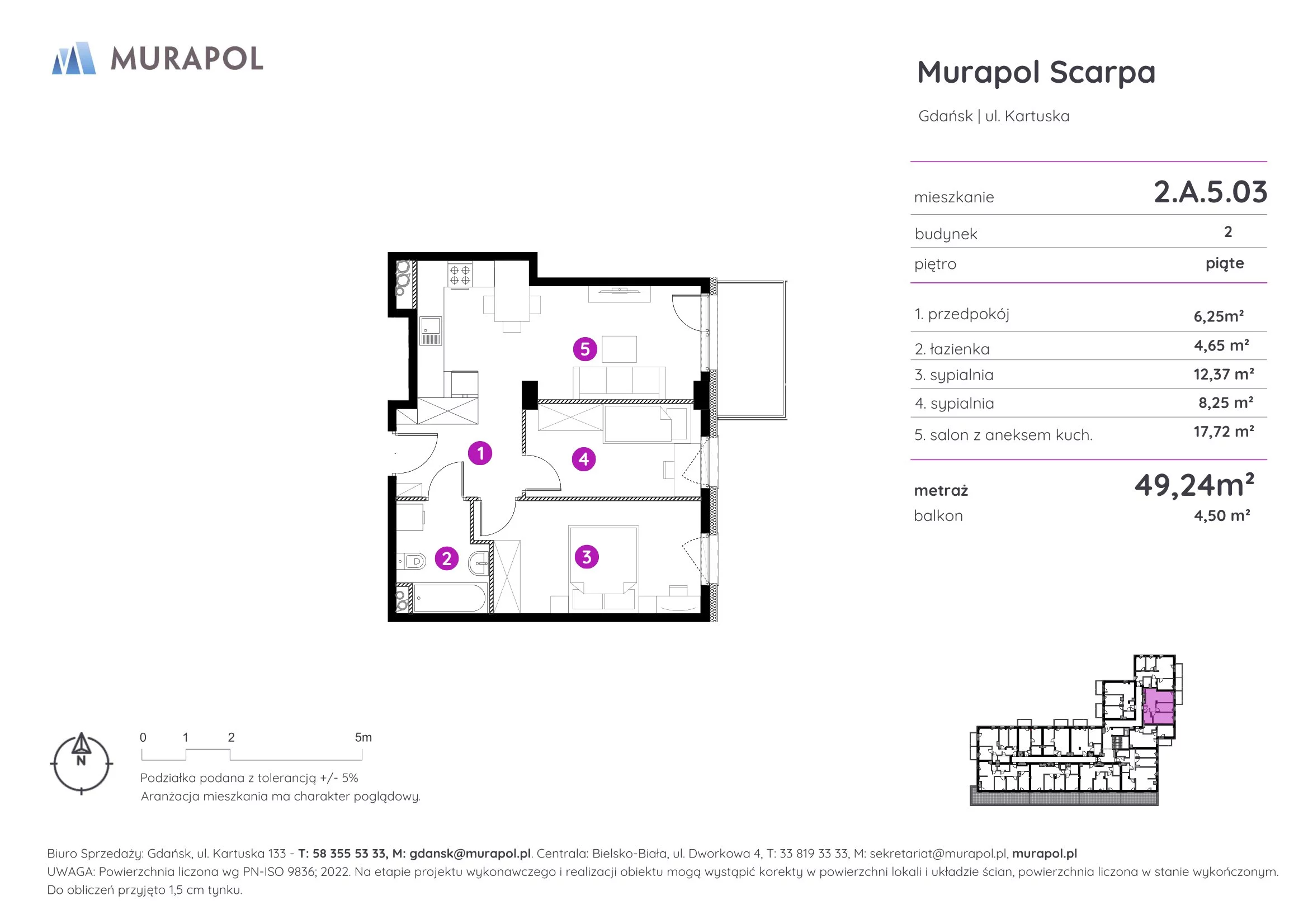 Mieszkanie 49,24 m², piętro 5, oferta nr 2.A.5.03, Murapol Scarpa, Gdańsk, Siedlce, ul. Kartuska