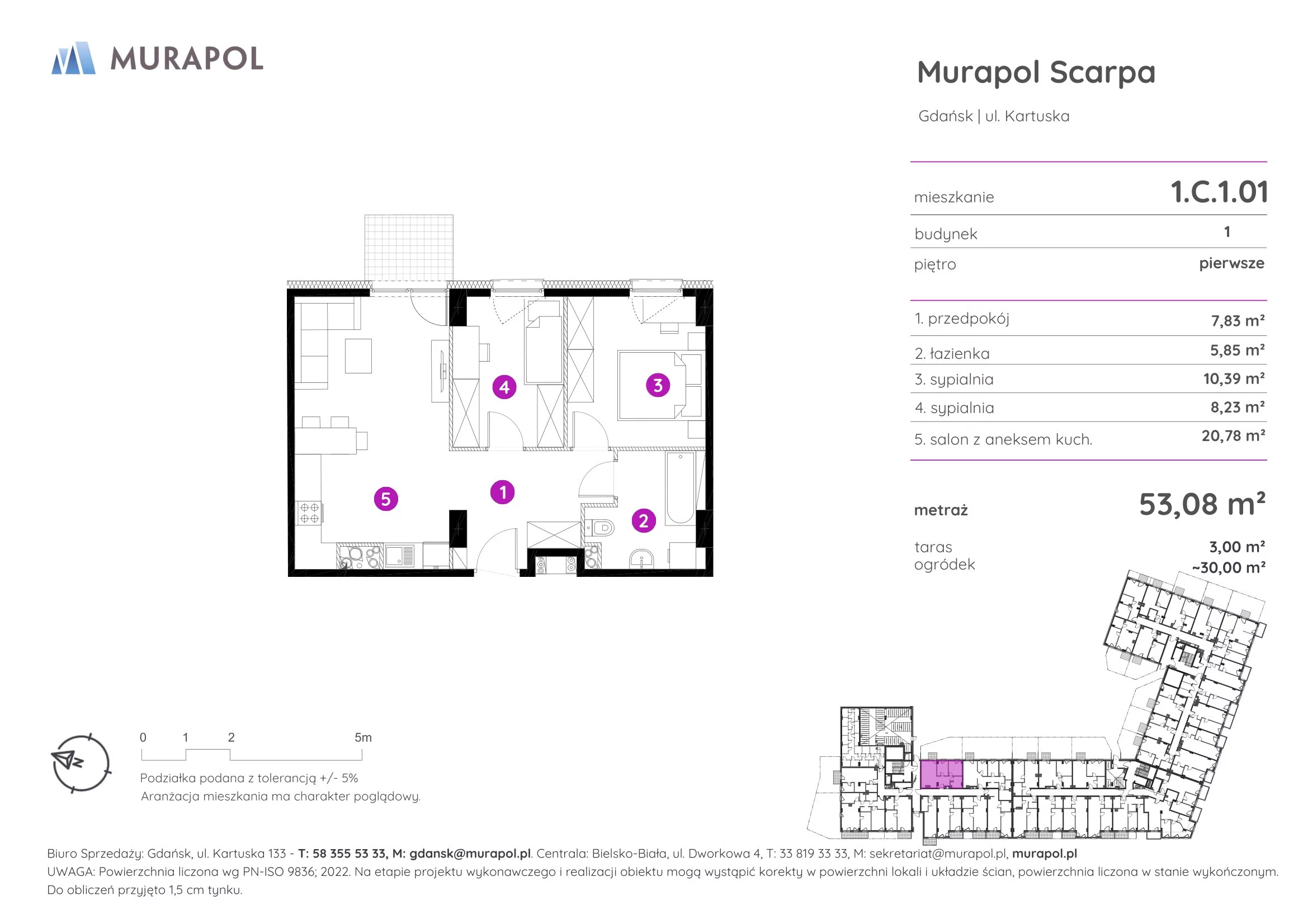 3 pokoje, mieszkanie 53,08 m², piętro 1, oferta nr 1.C.1.01, Murapol Scarpa, Gdańsk, Siedlce, ul. Kartuska