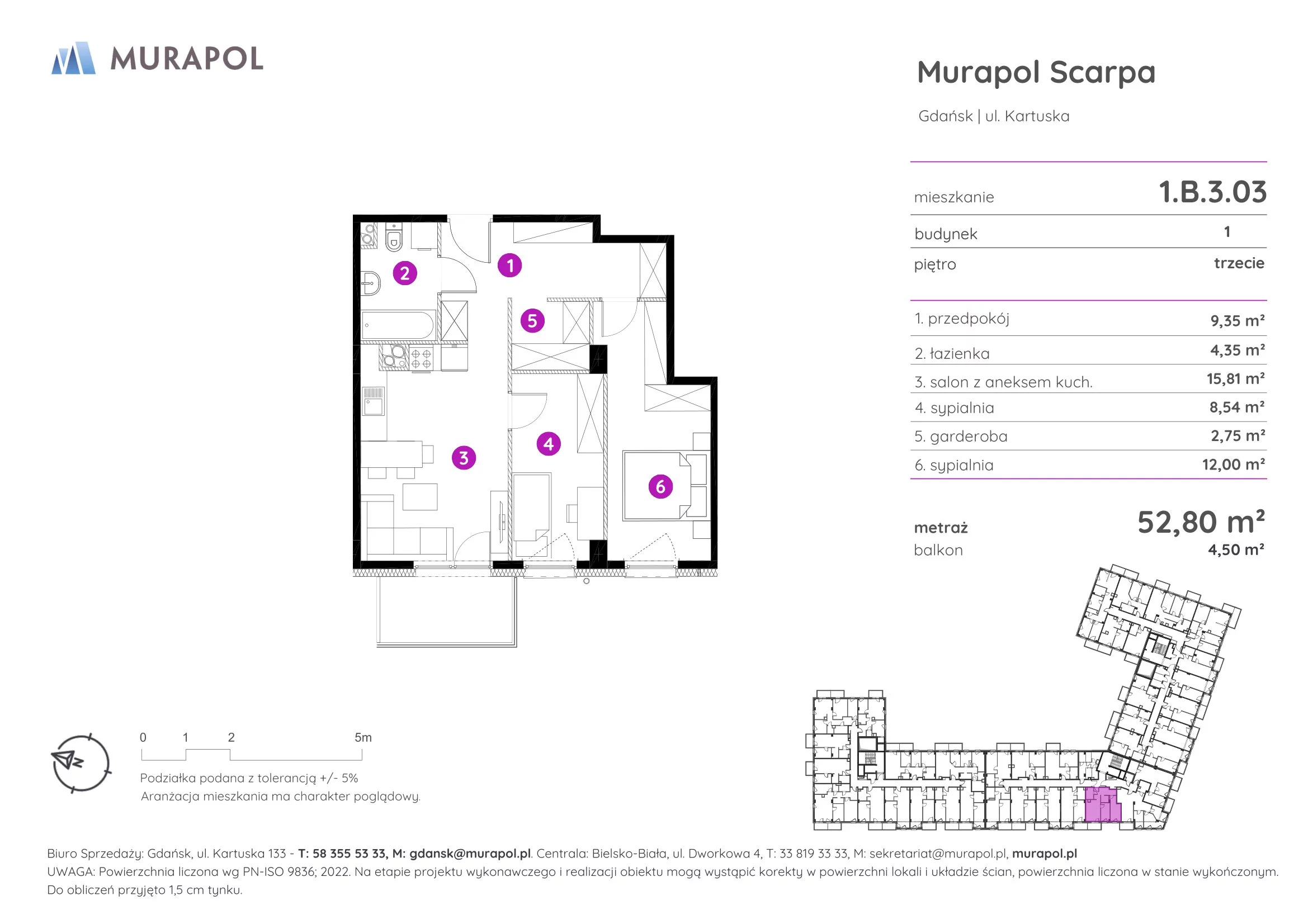 3 pokoje, mieszkanie 52,80 m², piętro 3, oferta nr 1.B.3.03, Murapol Scarpa, Gdańsk, Siedlce, ul. Kartuska