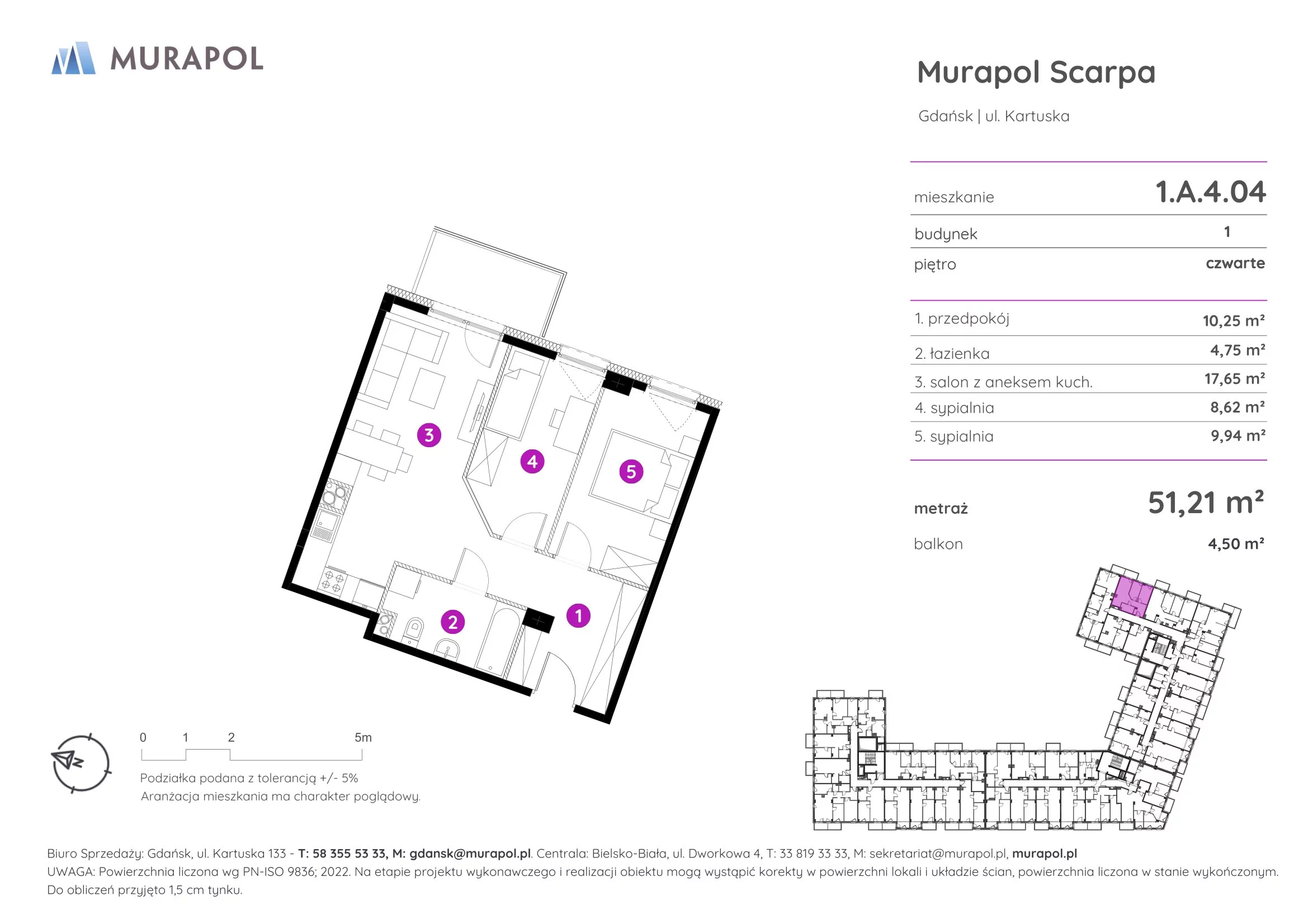 3 pokoje, mieszkanie 51,21 m², piętro 4, oferta nr 1.A.4.04, Murapol Scarpa, Gdańsk, Siedlce, ul. Kartuska