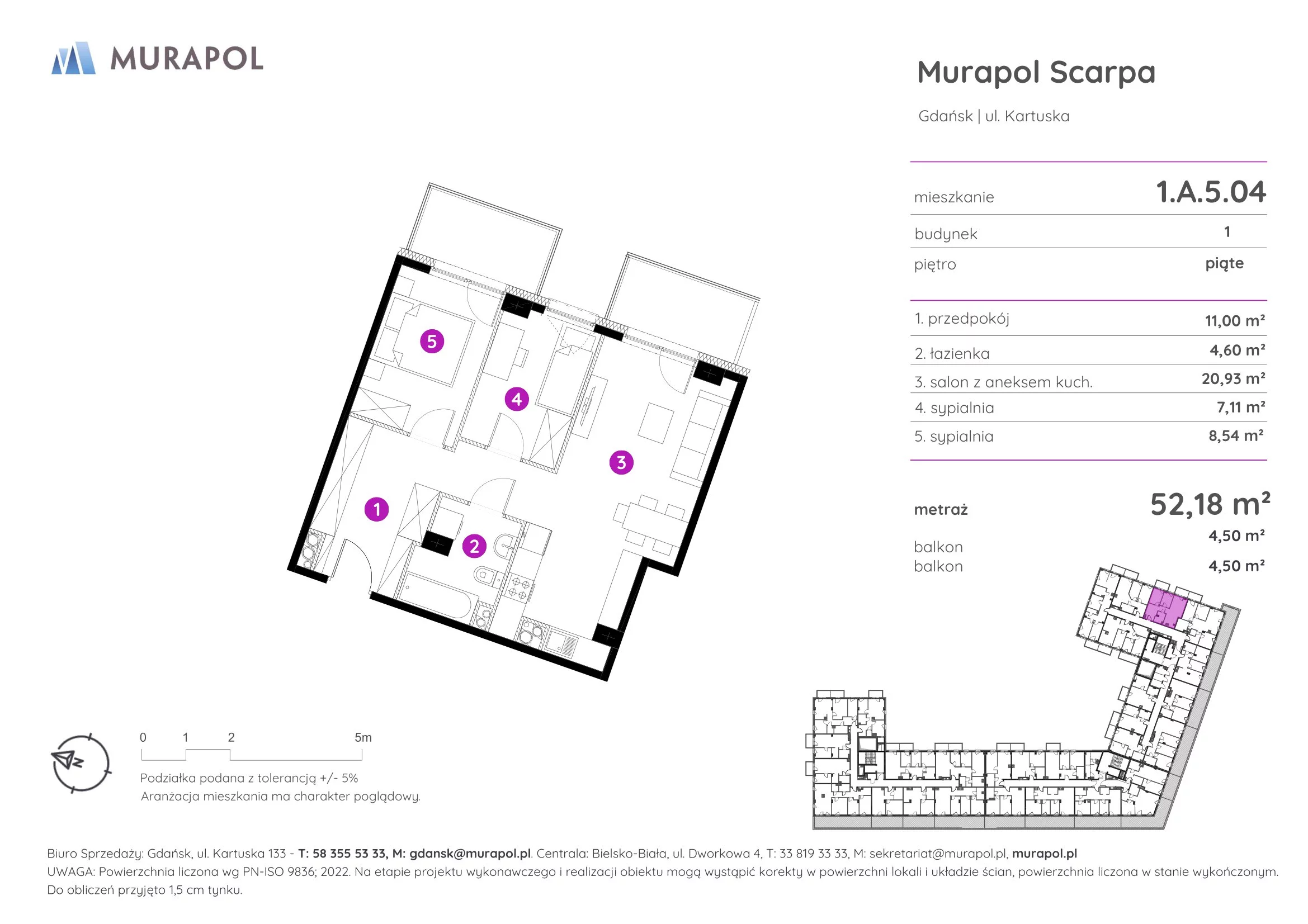 3 pokoje, mieszkanie 52,18 m², piętro 5, oferta nr 1.A.5.04, Murapol Scarpa, Gdańsk, Siedlce, ul. Kartuska