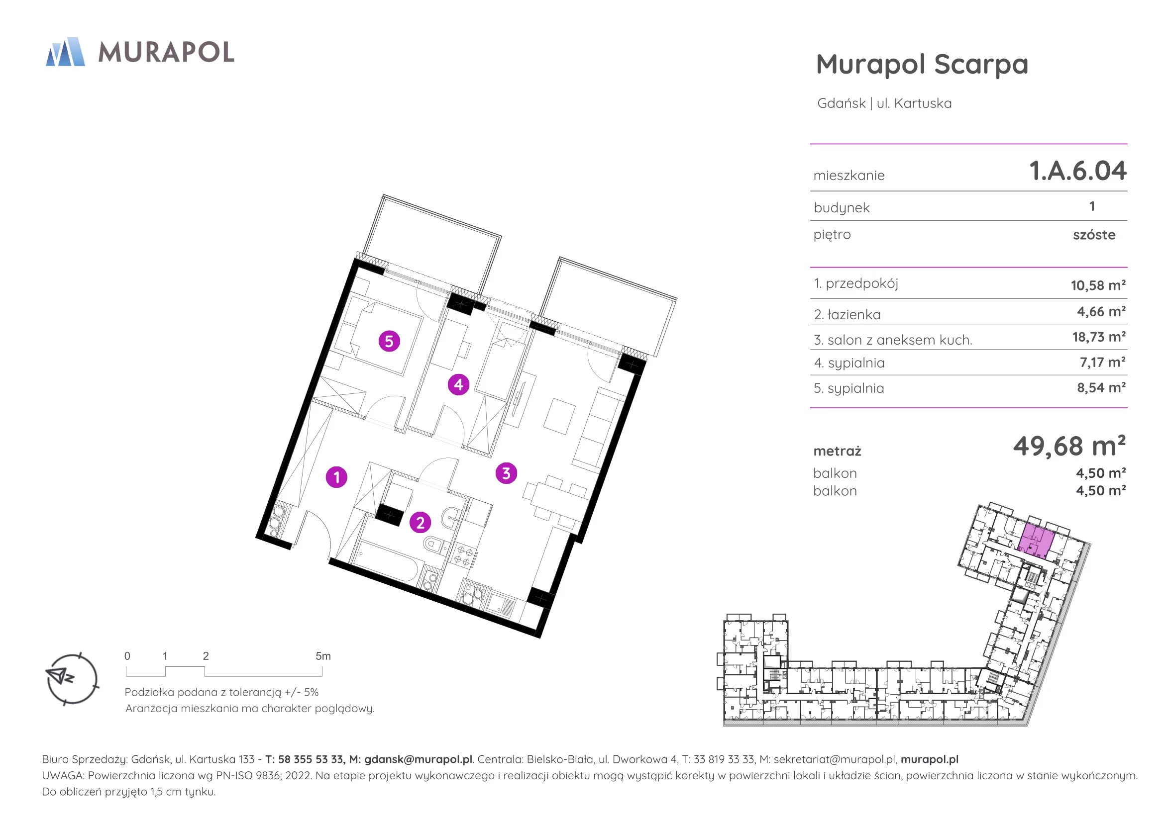 3 pokoje, mieszkanie 49,68 m², piętro 6, oferta nr 1.A.6.04, Murapol Scarpa, Gdańsk, Siedlce, ul. Kartuska