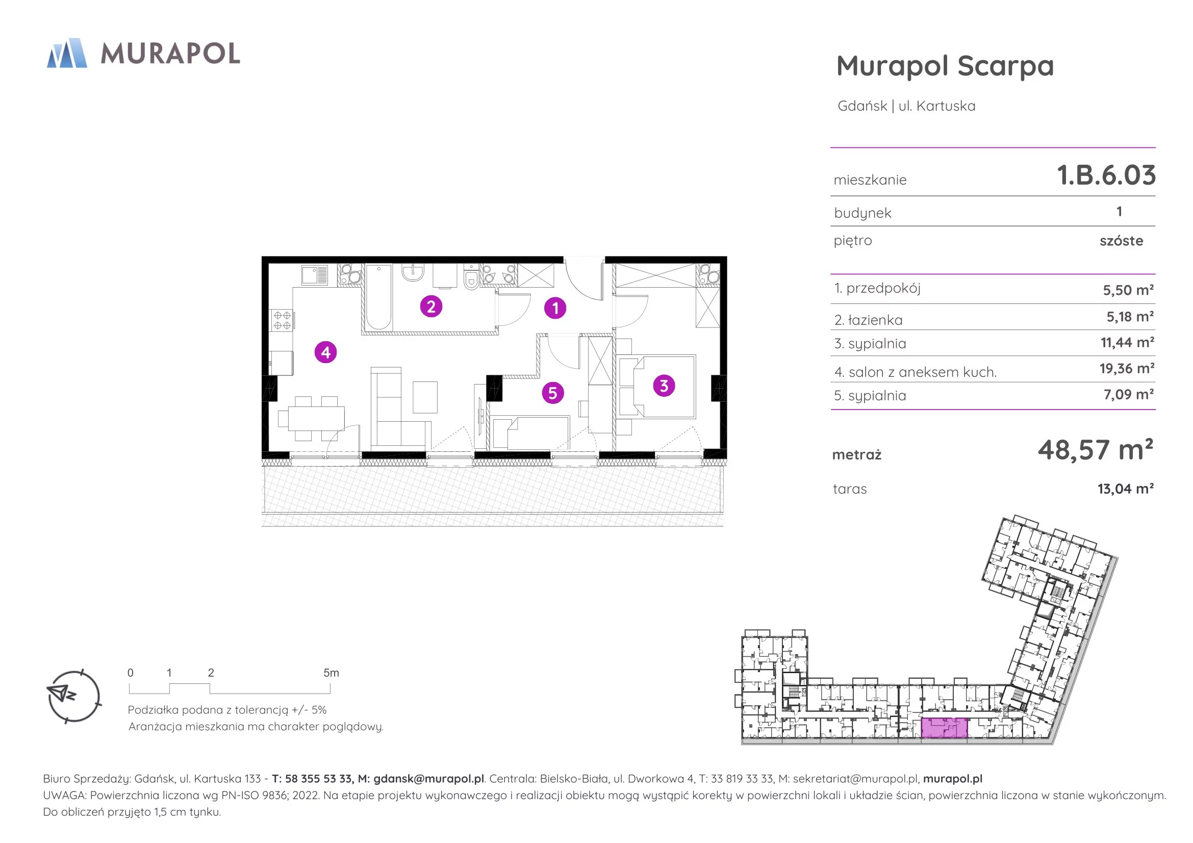 3 pokoje, mieszkanie 48,57 m², piętro 6, oferta nr 1.B.6.03, Murapol Scarpa, Gdańsk, Siedlce, ul. Kartuska