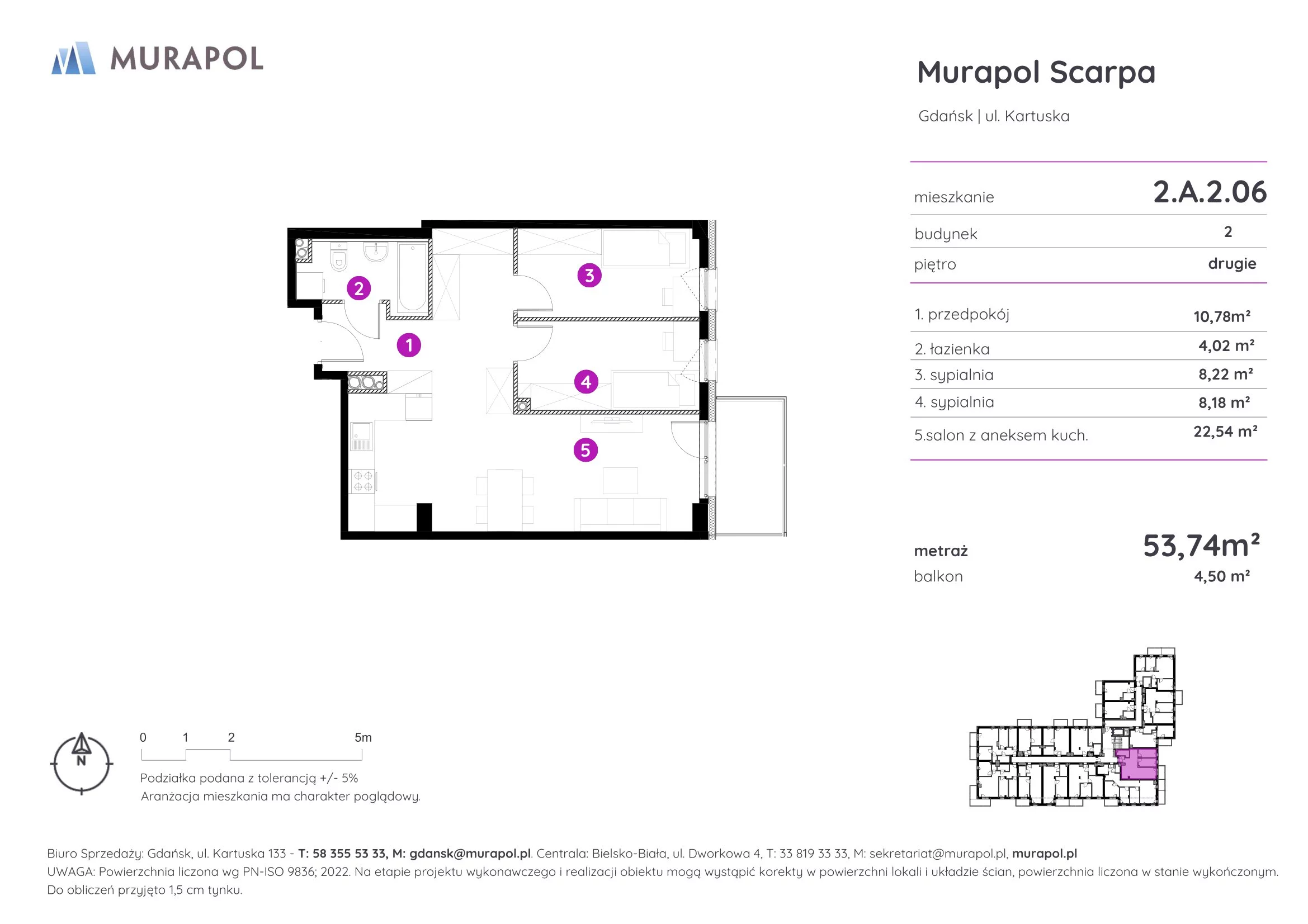 3 pokoje, mieszkanie 53,74 m², piętro 2, oferta nr 2.A.2.06, Murapol Scarpa, Gdańsk, Siedlce, ul. Kartuska