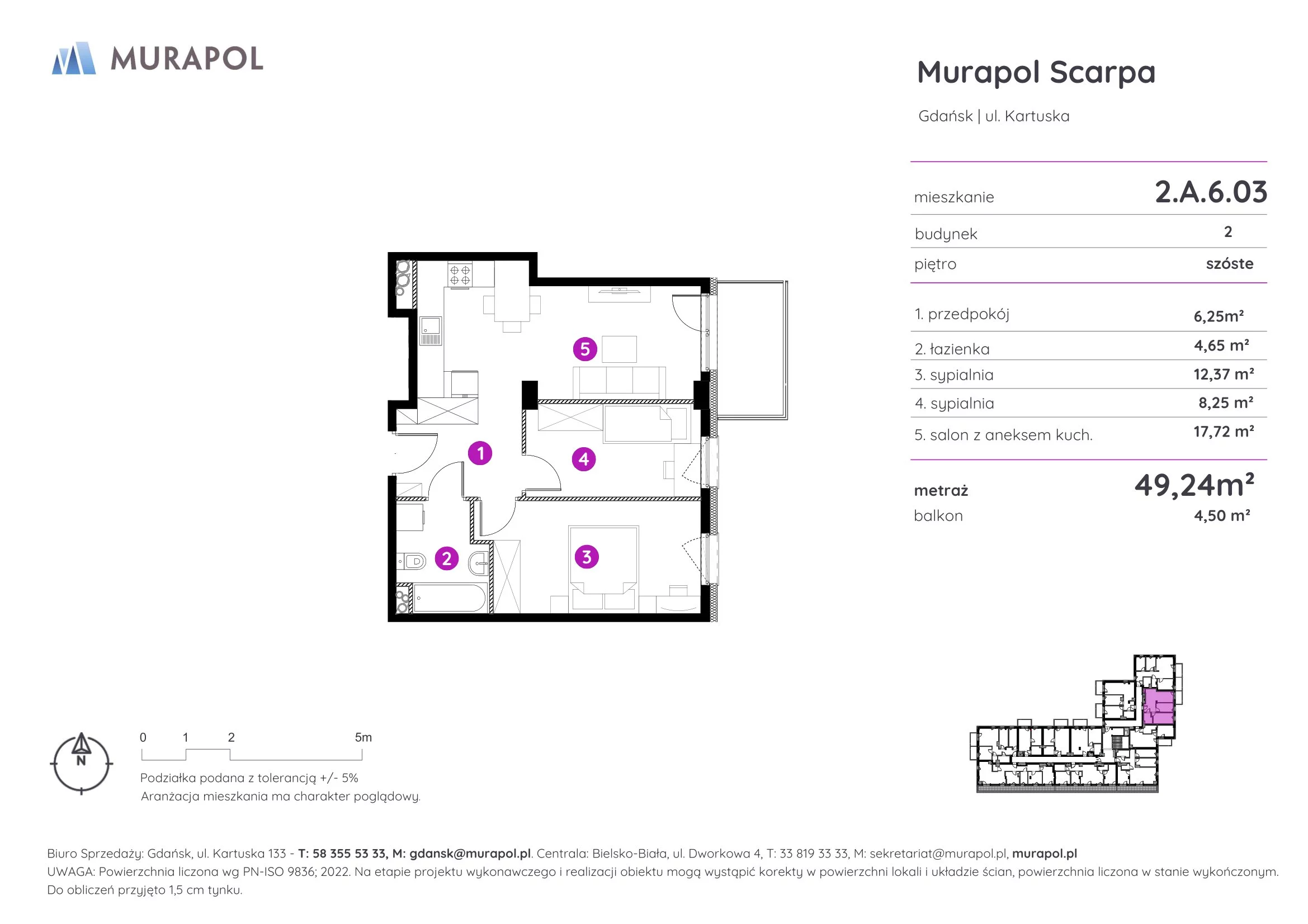 3 pokoje, mieszkanie 49,24 m², piętro 6, oferta nr 2.A.6.03, Murapol Scarpa, Gdańsk, Siedlce, ul. Kartuska