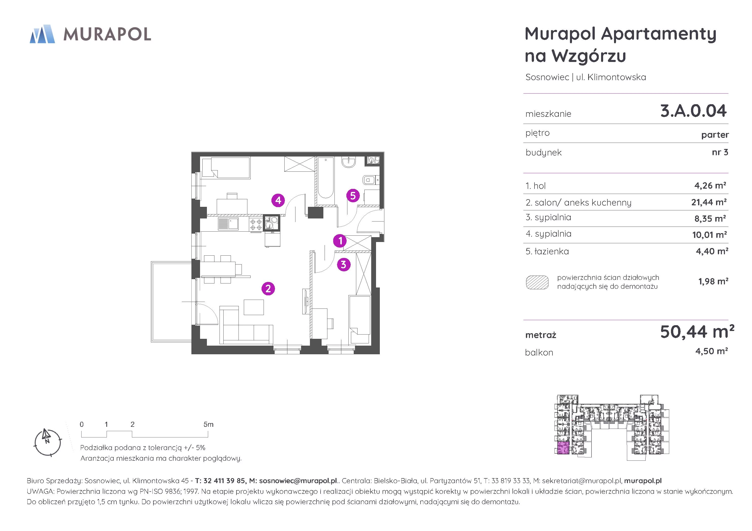 3 pokoje, mieszkanie 50,44 m², parter, oferta nr 3.A.0.04, Murapol Apartamenty Na Wzgórzu - Gotowe mieszkania, Sosnowiec, Klimontów, ul. Klimontowska 45