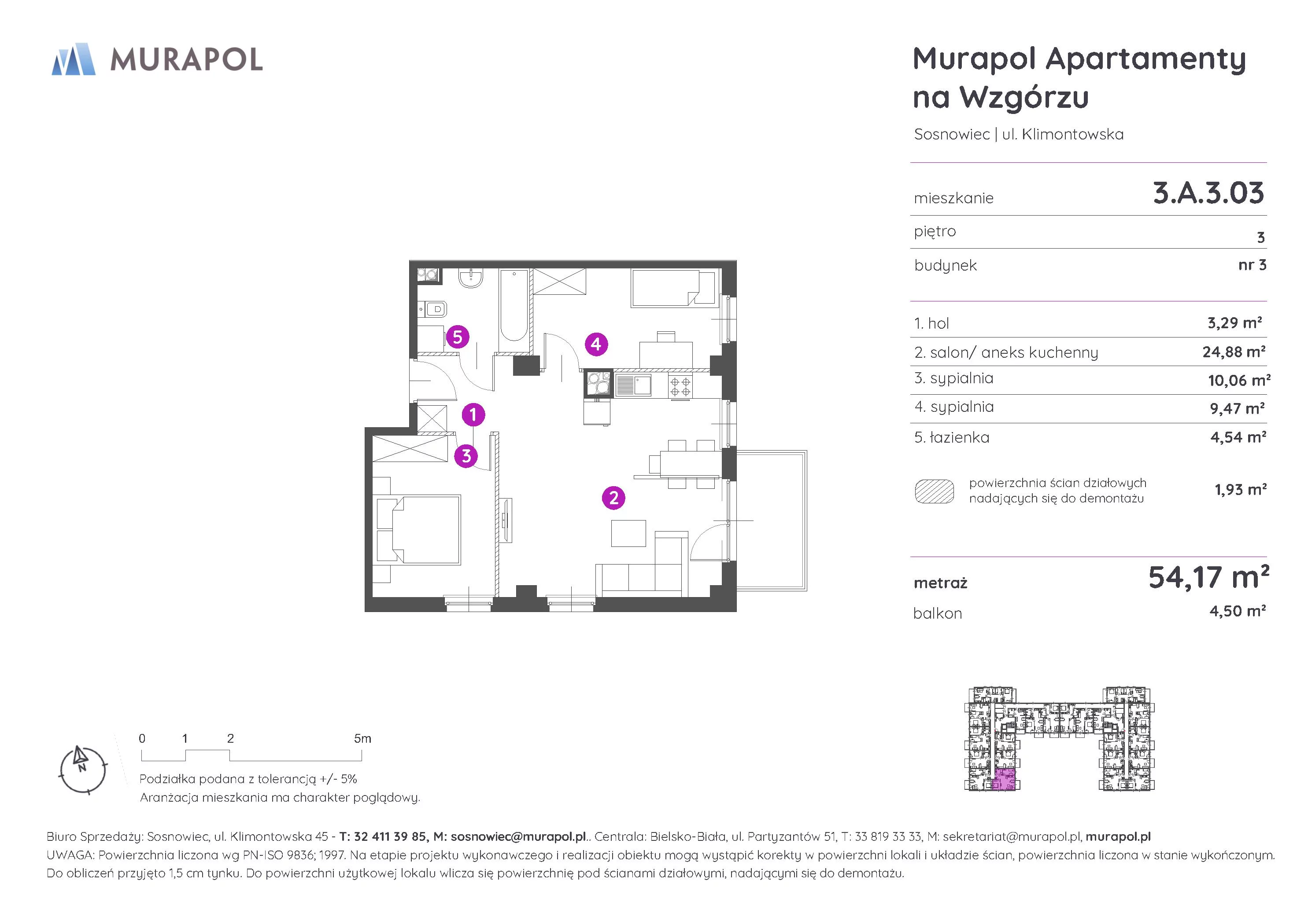 Mieszkanie 54,17 m², piętro 3, oferta nr 3.A.3.03, Murapol Apartamenty Na Wzgórzu - Gotowe mieszkania, Sosnowiec, Klimontów, ul. Klimontowska 45