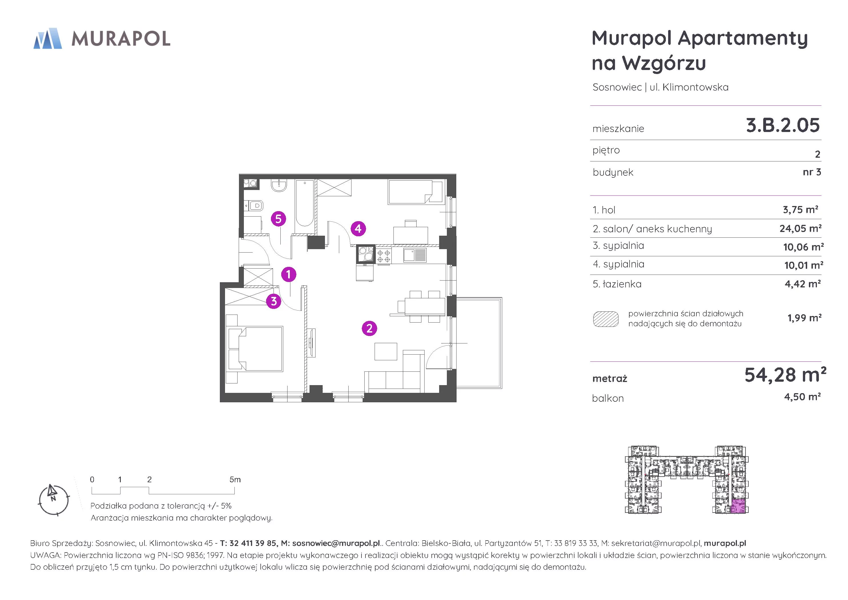 Mieszkanie 54,28 m², piętro 2, oferta nr 3.B.2.05, Murapol Apartamenty Na Wzgórzu - Gotowe mieszkania, Sosnowiec, Klimontów, ul. Klimontowska 45